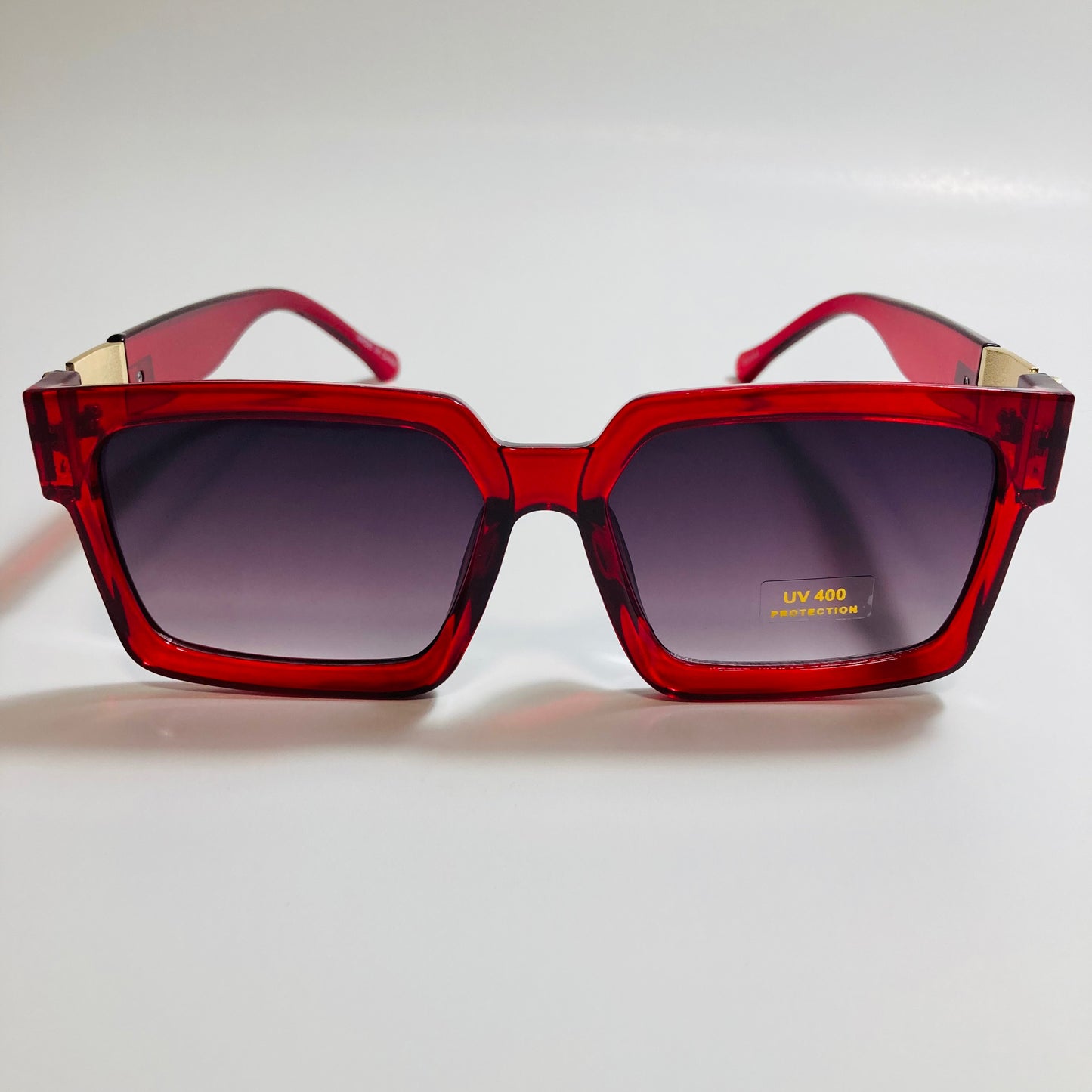 mens and womens black red and gold square sunglasses