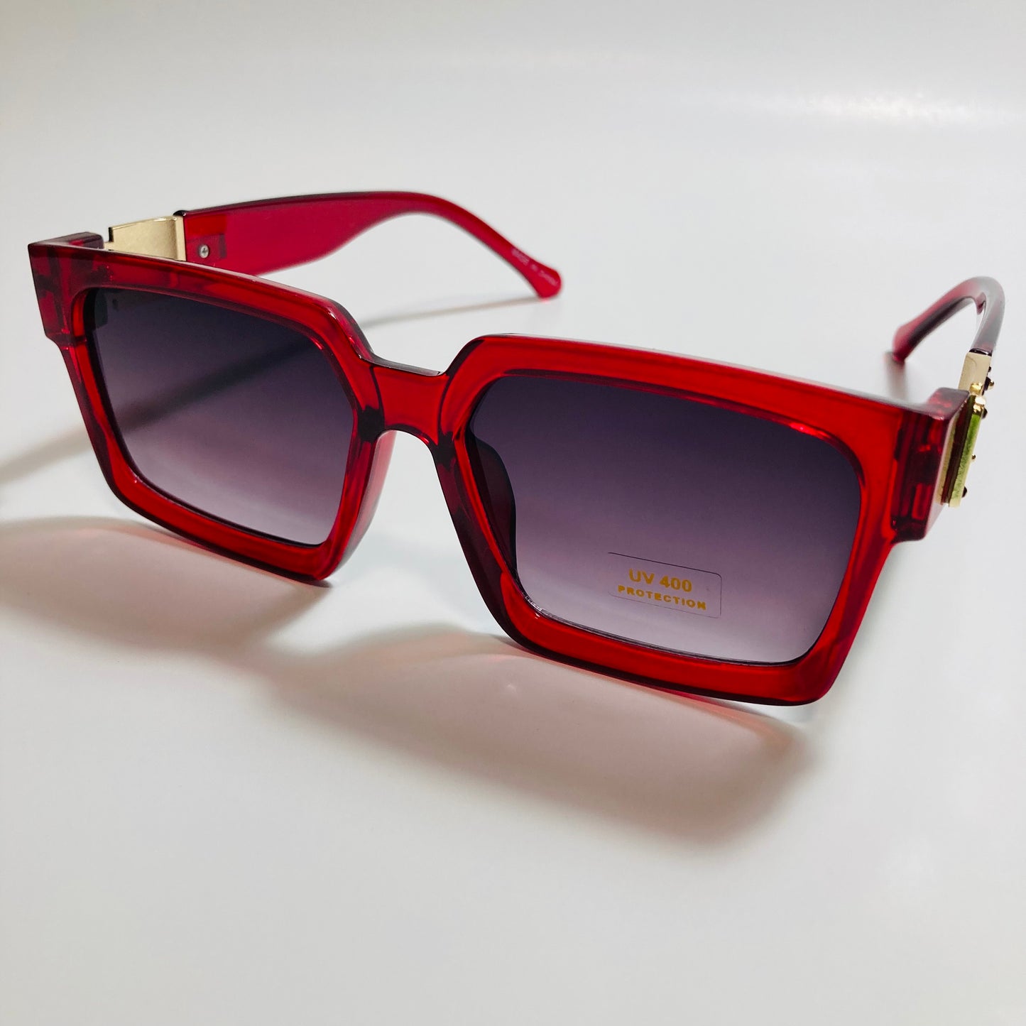 mens and womens black red and gold square sunglasses