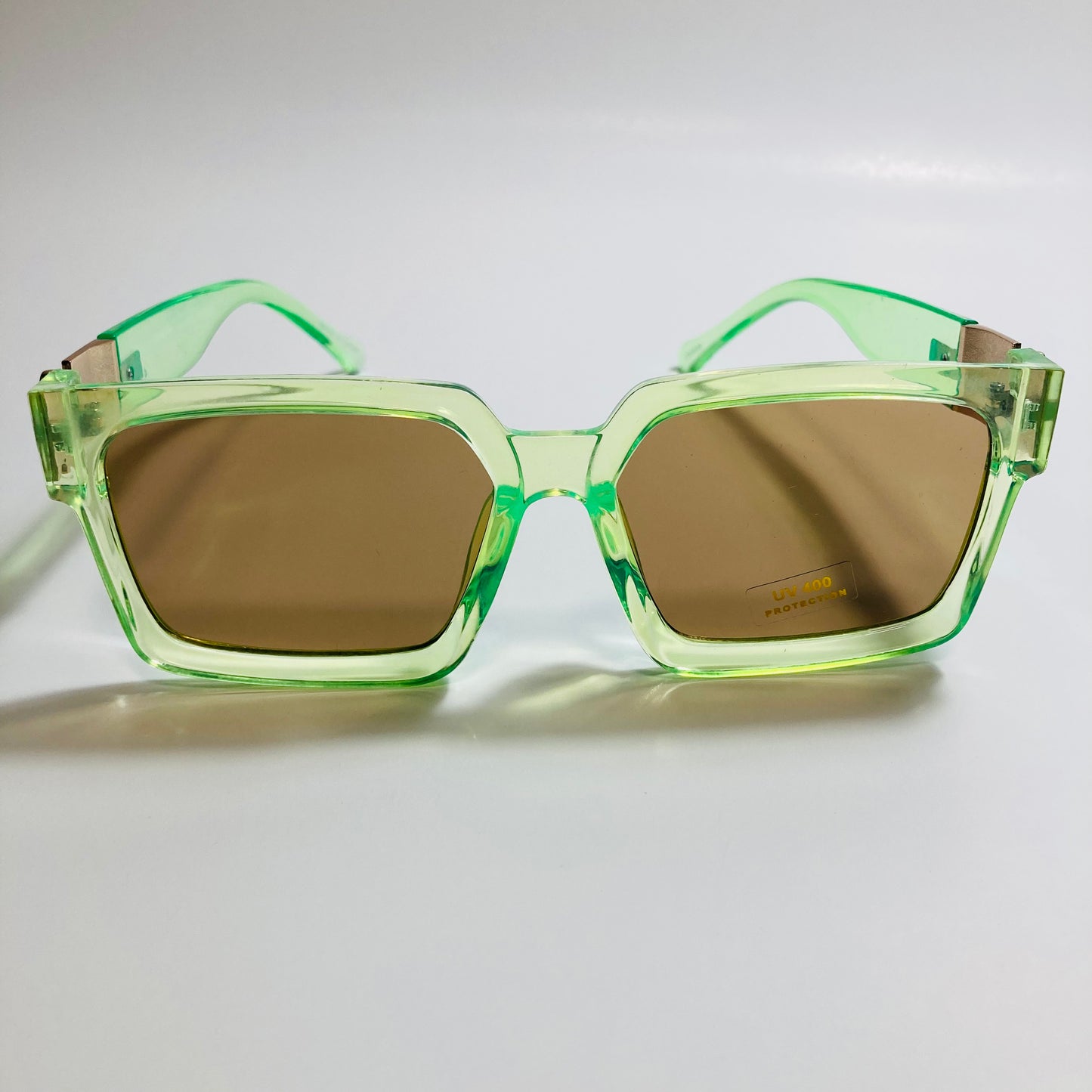 mens and womens green brown and gold square sunglasses