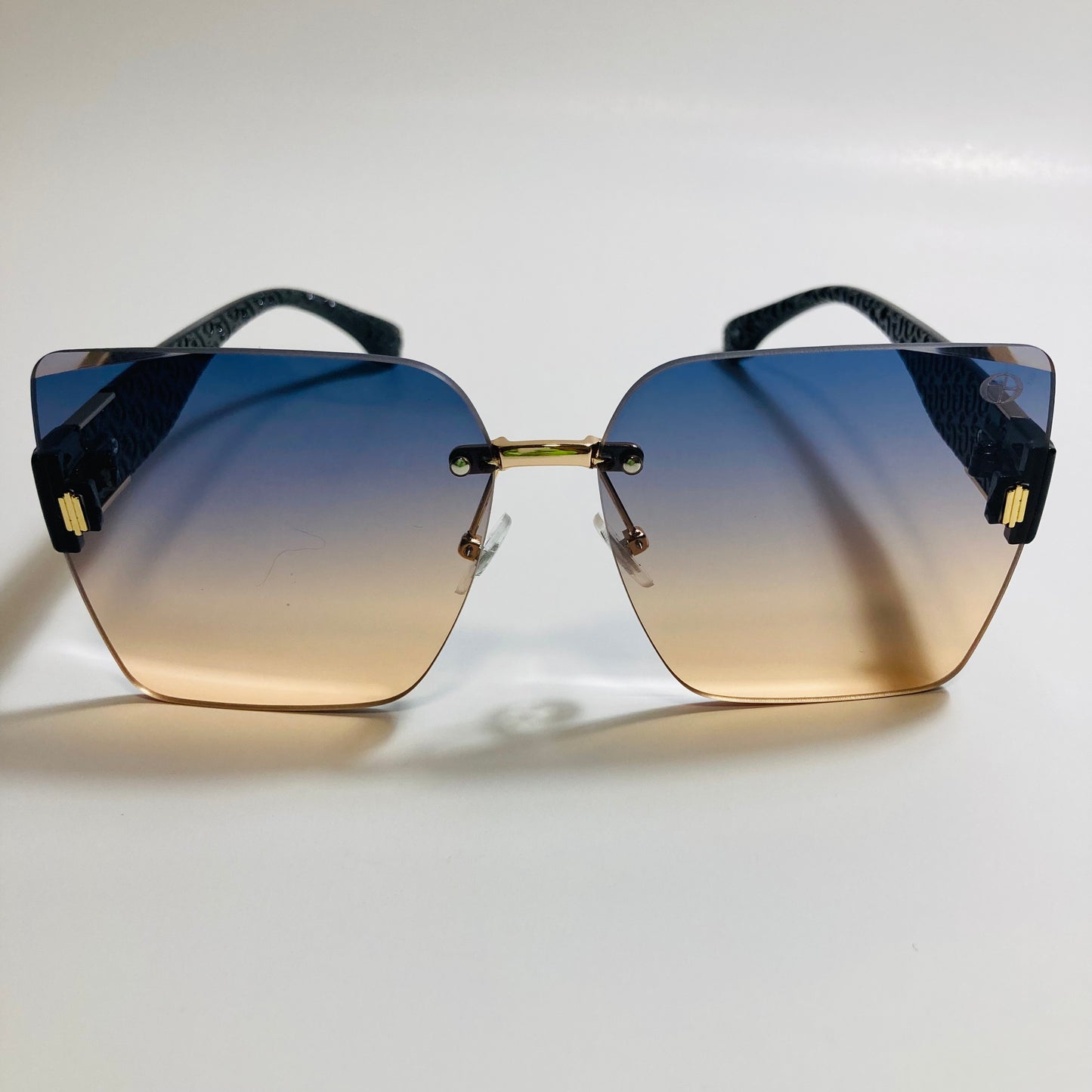 womens yellow and blue square rimless oversize sunglasses