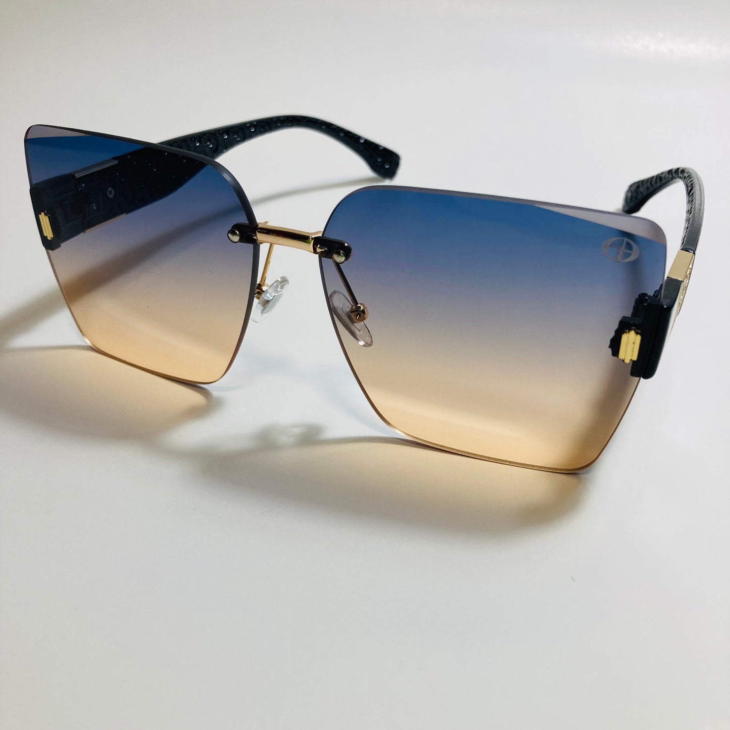 womens yellow and blue square rimless oversize sunglasses