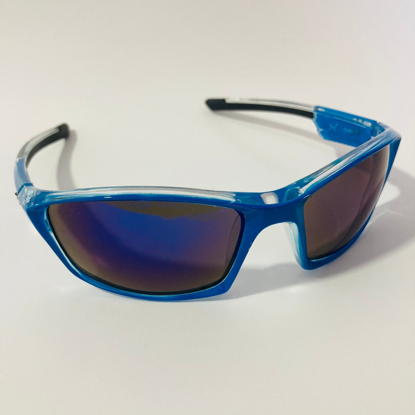 mens and womens black and blue mirrored wrap around sunglasses