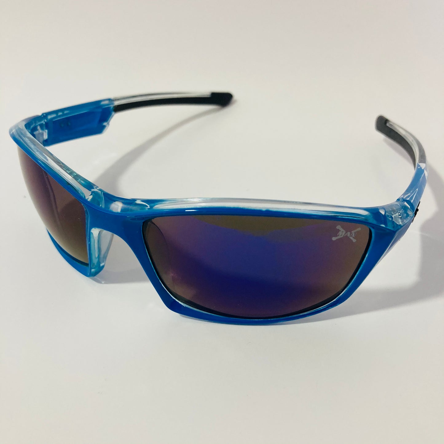 mens and womens black and blue mirrored wrap around sunglasses