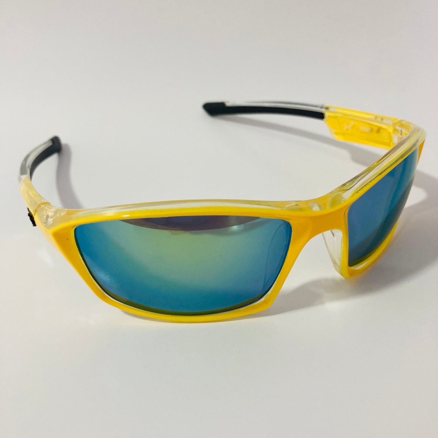 mens and womens green and yellow mirrored wrap around sunglasses