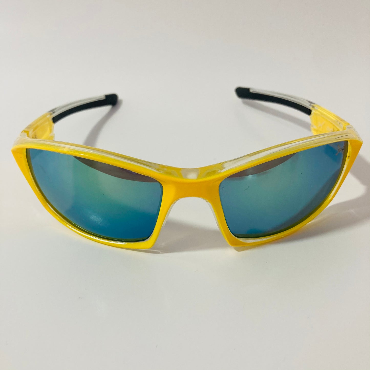 mens and womens green and yellow mirrored wrap around sunglasses