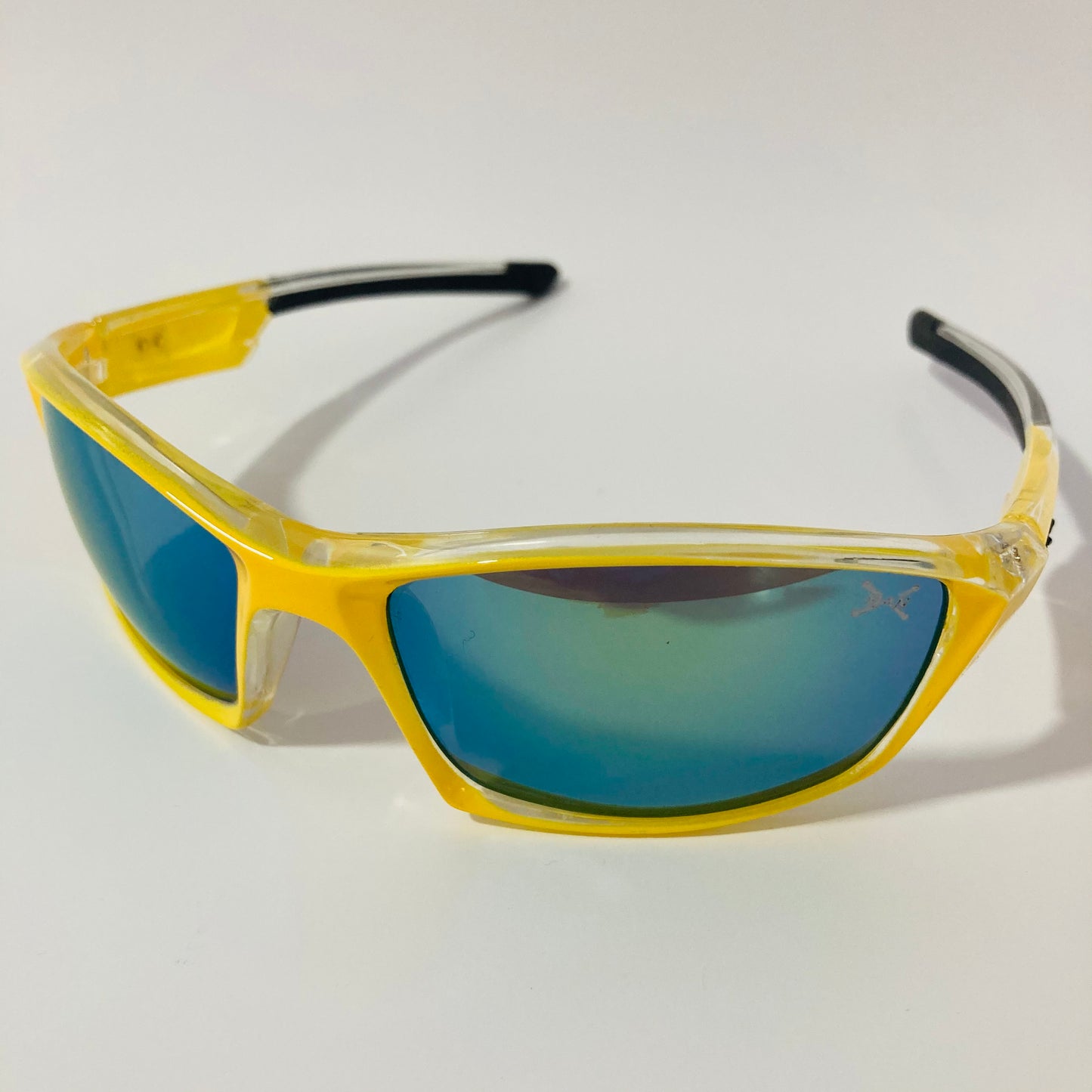 mens and womens green and yellow mirrored wrap around sunglasses
