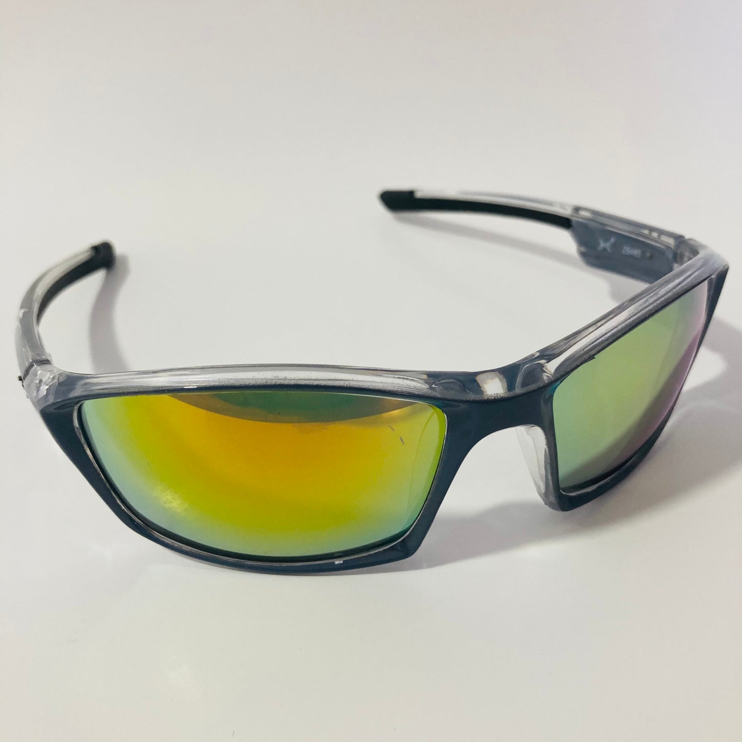 mens and womens gray and yellow mirrored wrap around sunglasses