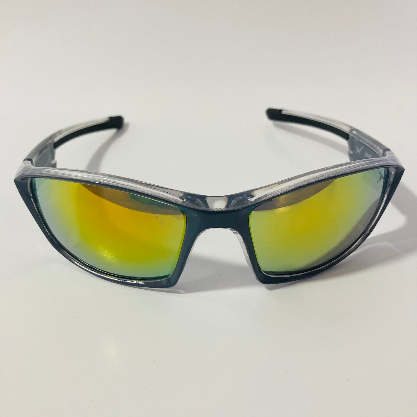 mens and womens gray and yellow mirrored wrap around sunglasses