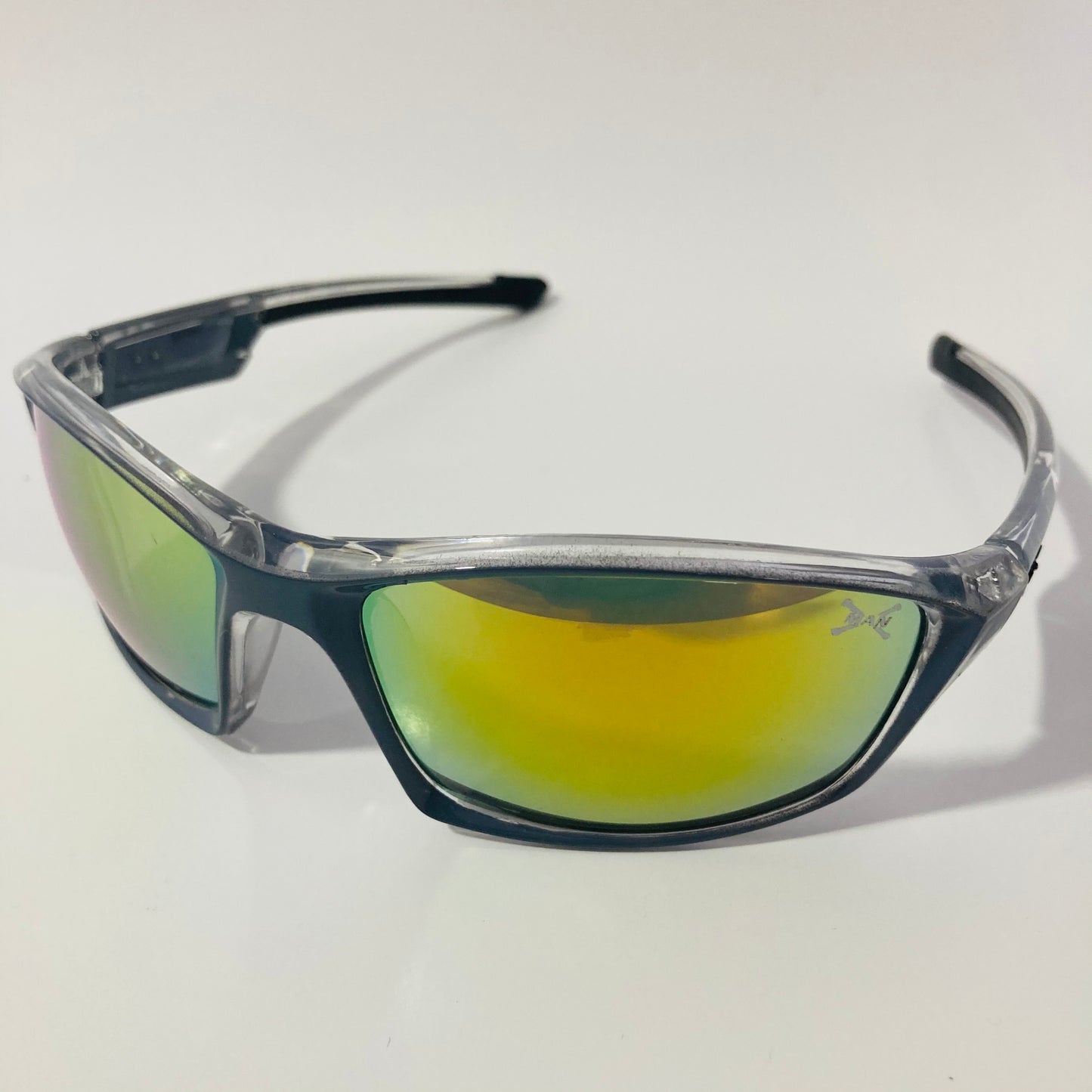 mens and womens gray and yellow mirrored wrap around sunglasses