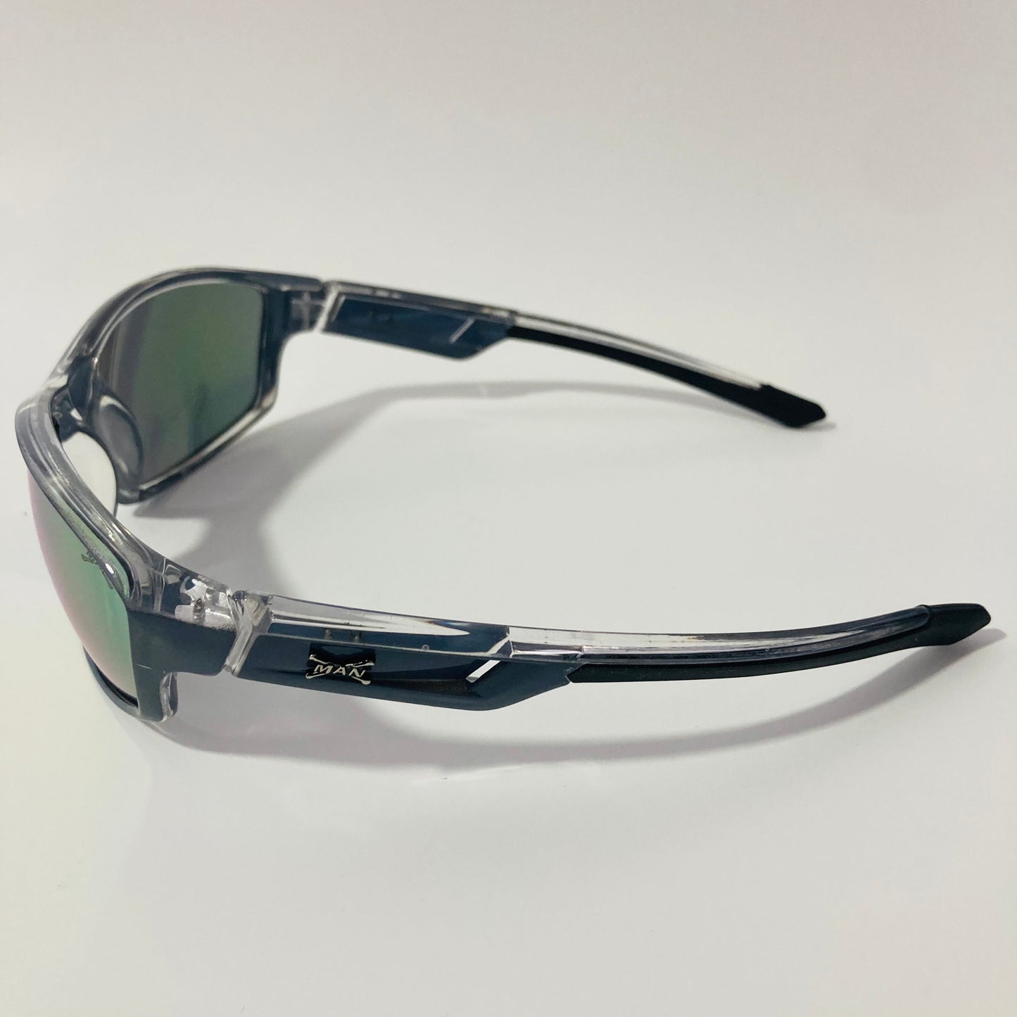 mens and womens gray and yellow mirrored wrap around sunglasses