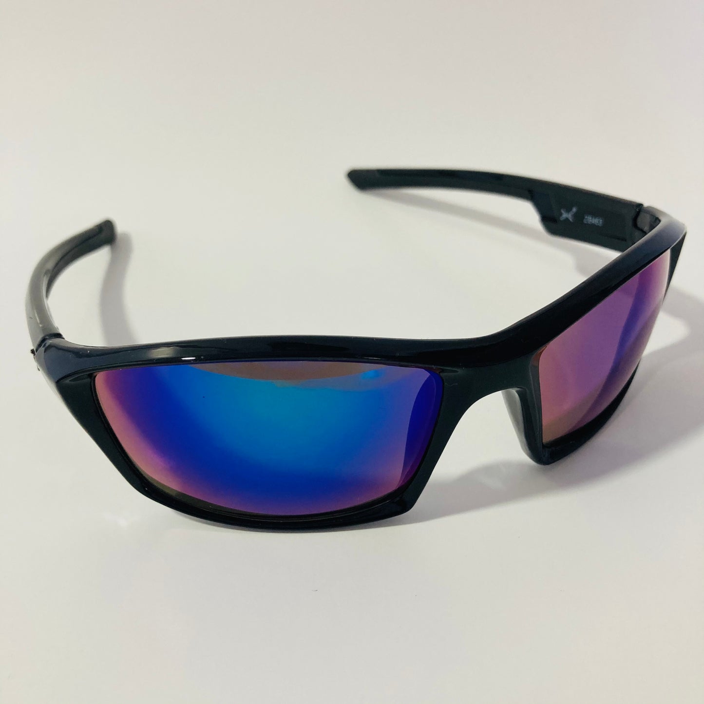 mens and womens black and blue mirrored wrap around sunglasses