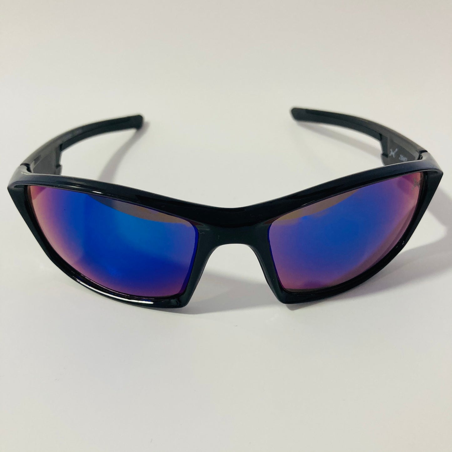 mens and womens black and blue mirrored wrap around sunglasses