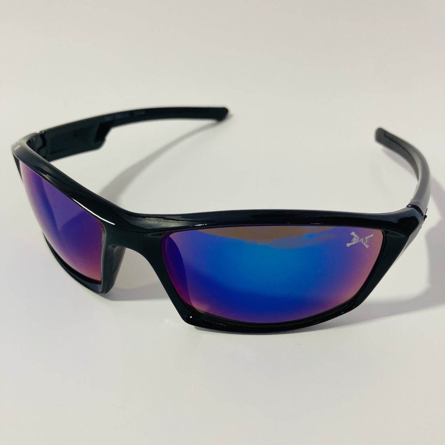 mens and womens black and blue mirrored wrap around sunglasses