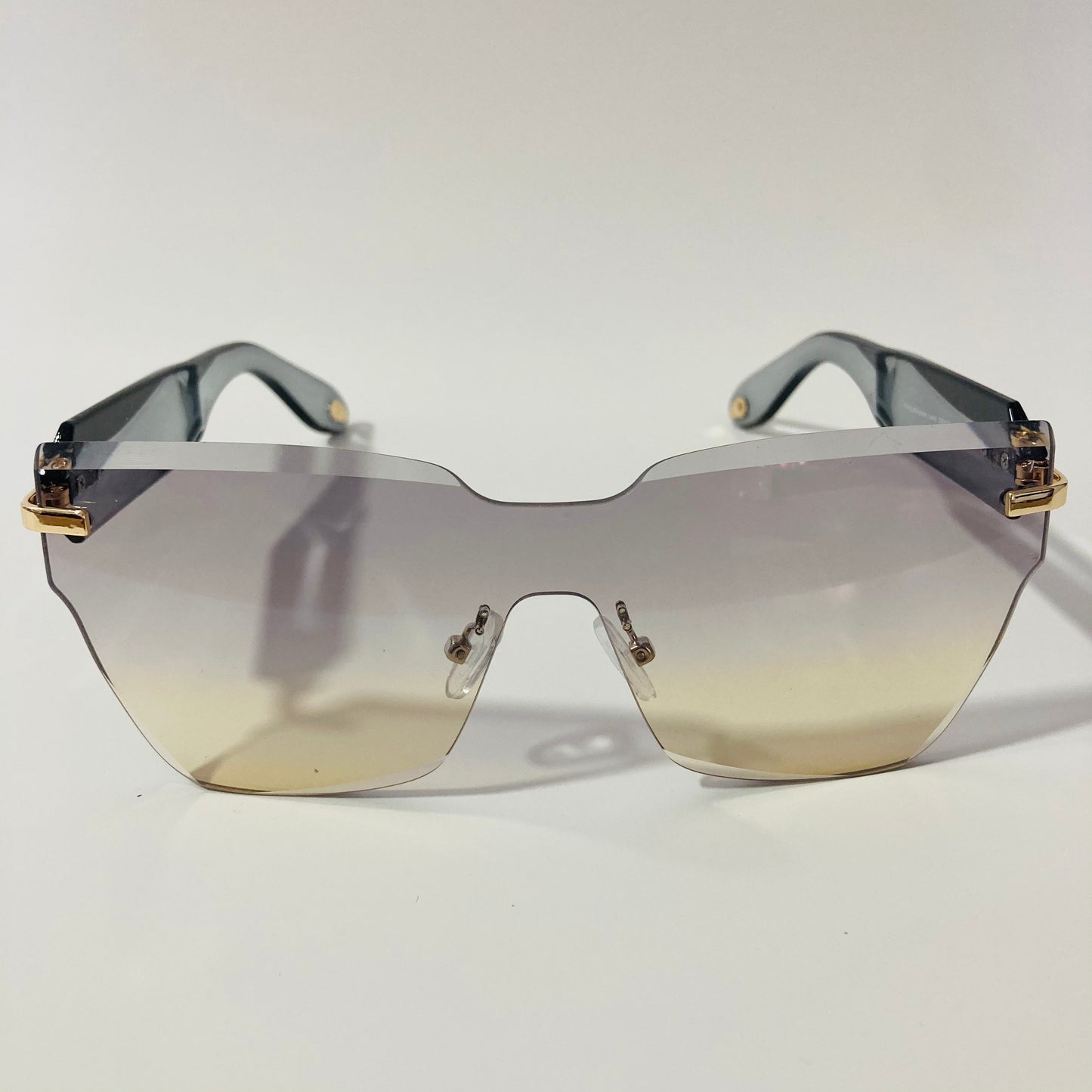 womens gray and yellow square rimless sunglasses