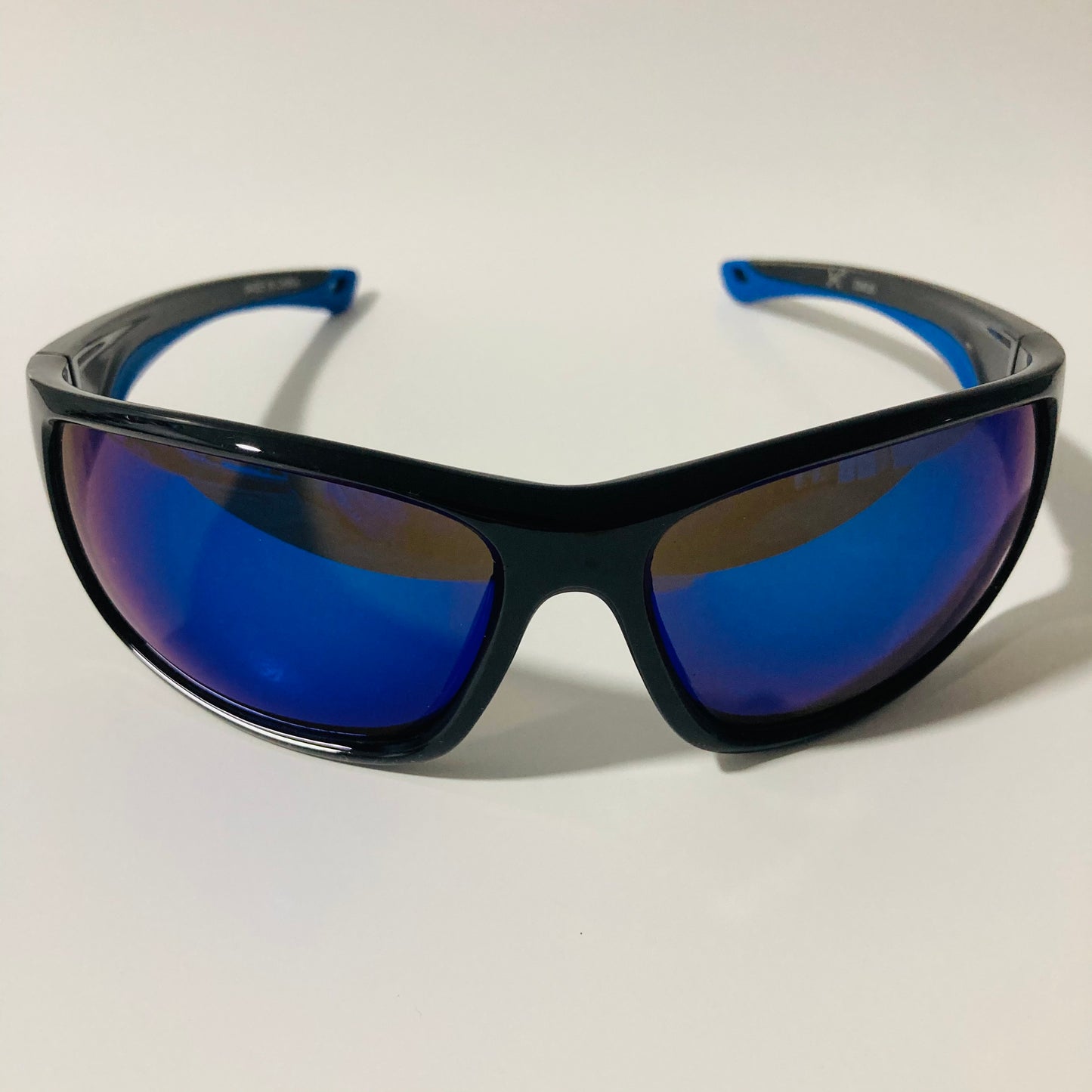 black and blue polarized wrap around sunglasses
