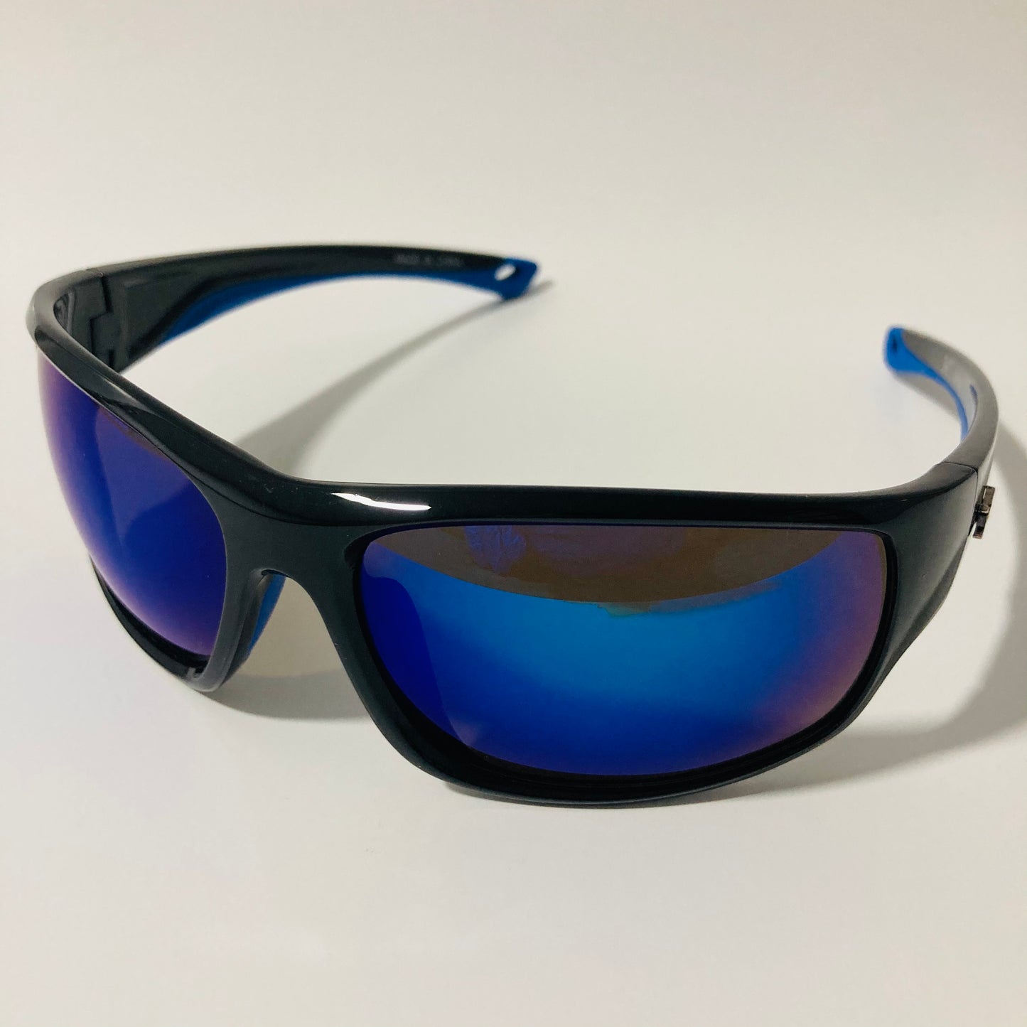 black and blue polarized wrap around sunglasses