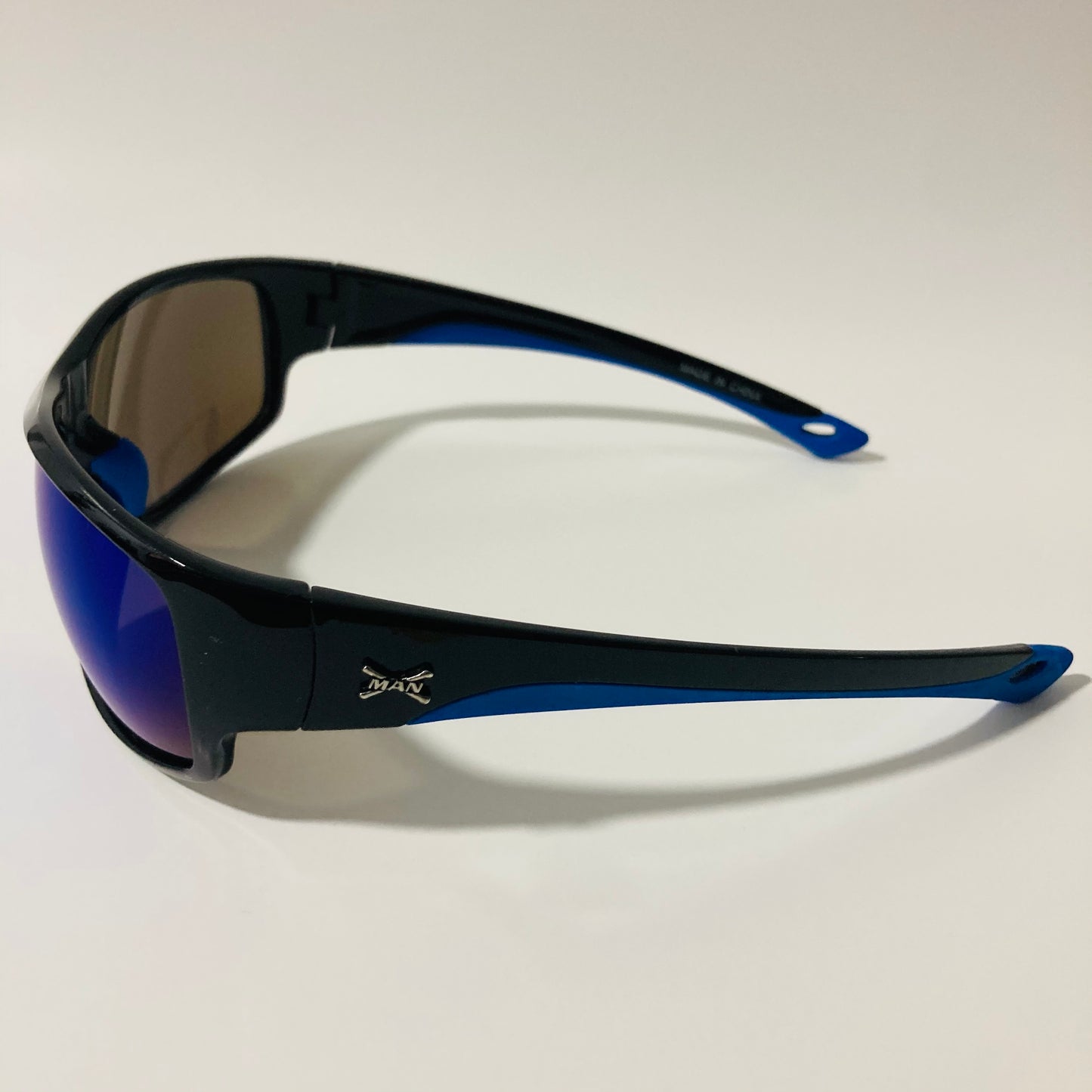 black and blue polarized wrap around sunglasses