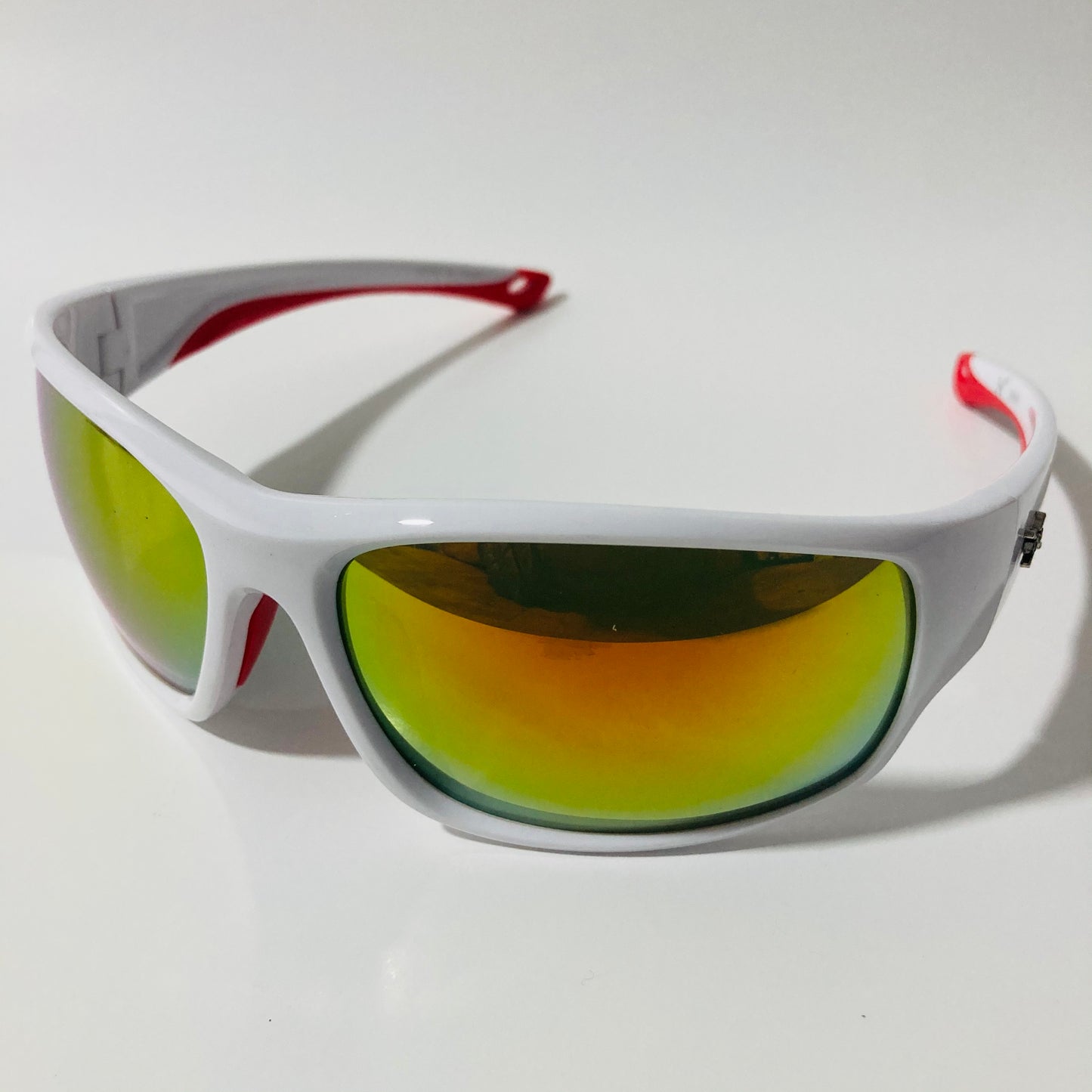 white, red, and yellow polarized wrap around sunglasses