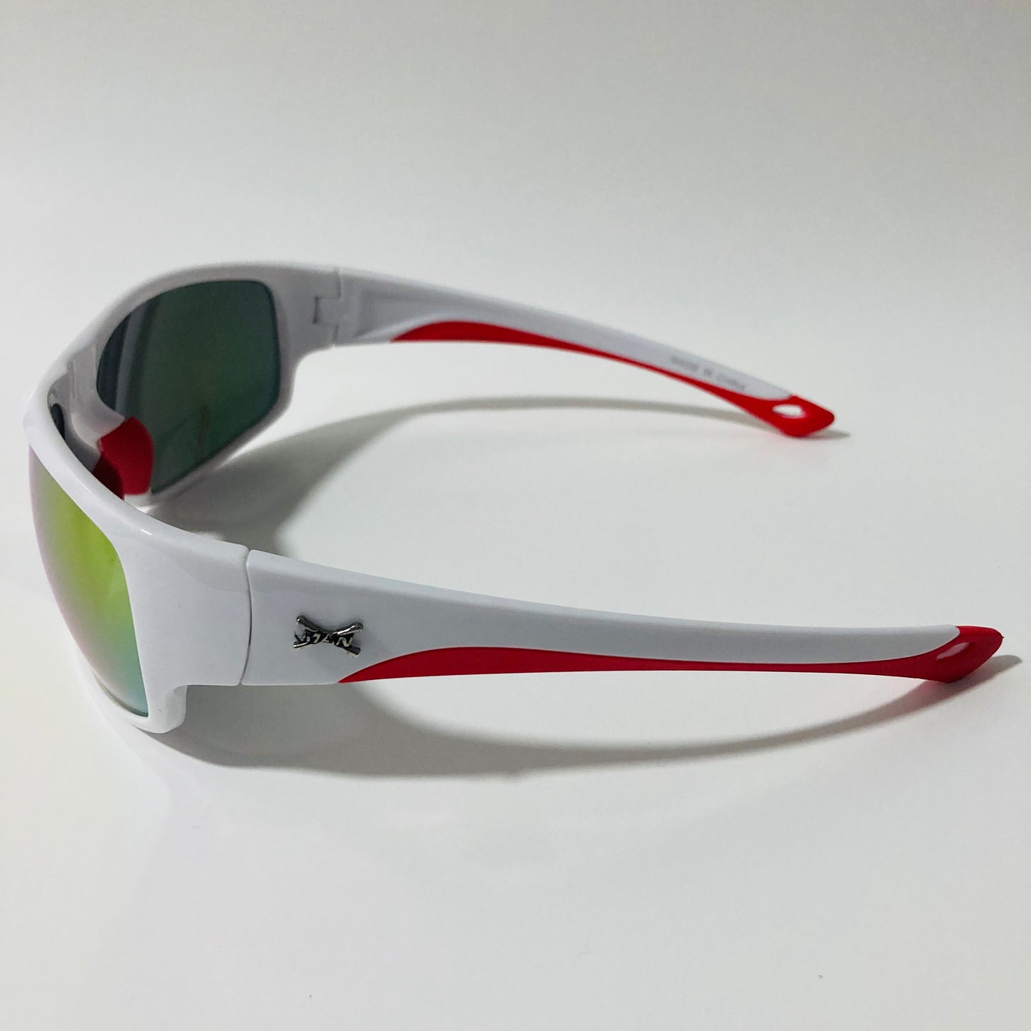 white, red, and yellow polarized wrap around sunglasses