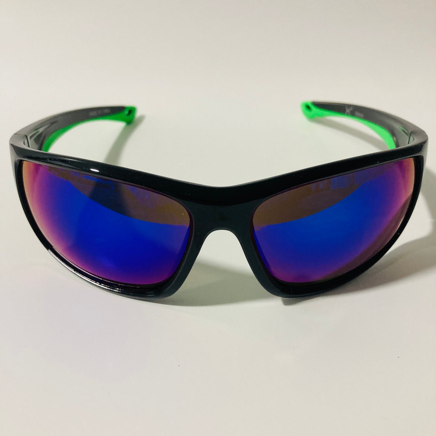 black, green, and blue polarized wrap around sunglasses