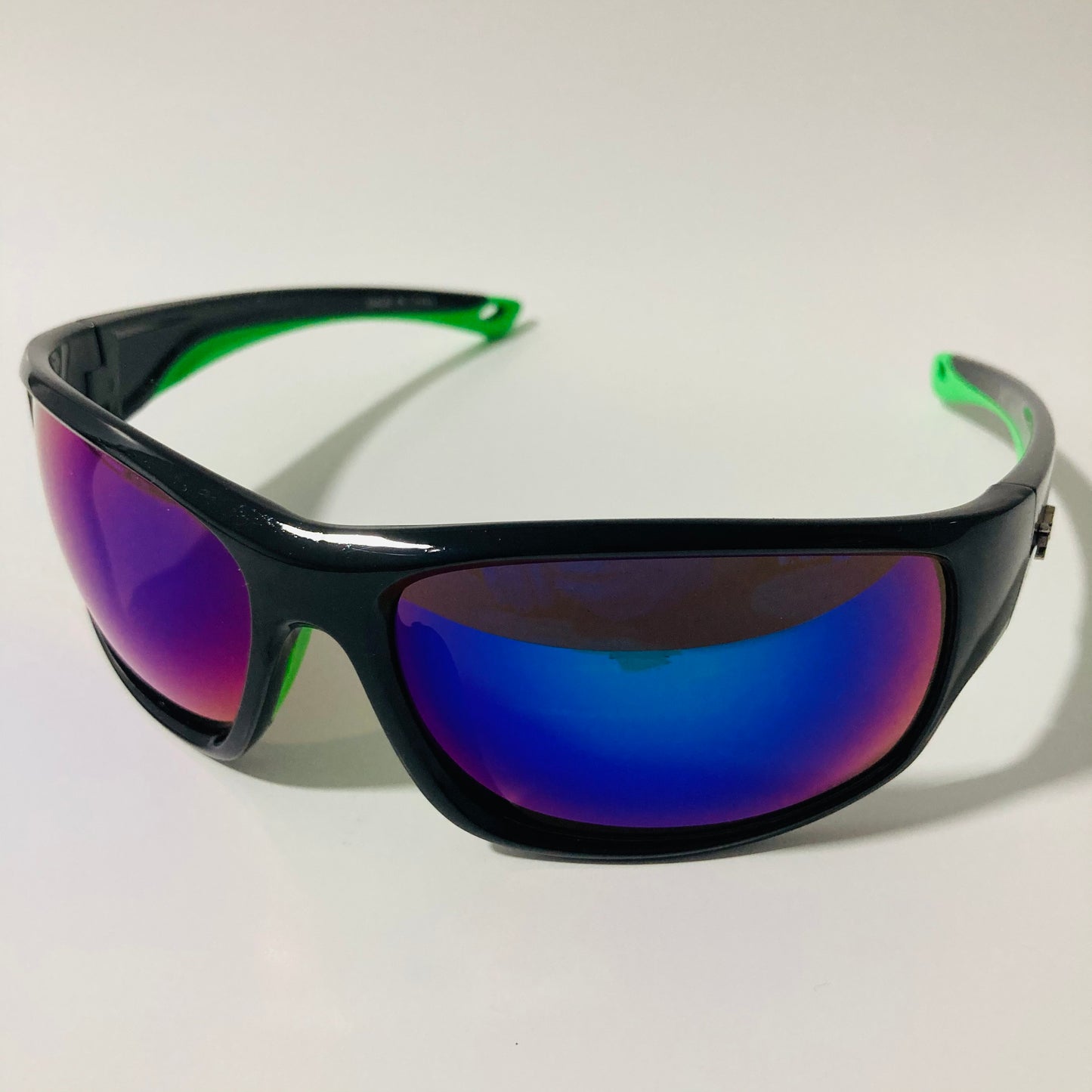 black, green, and blue polarized wrap around sunglasses