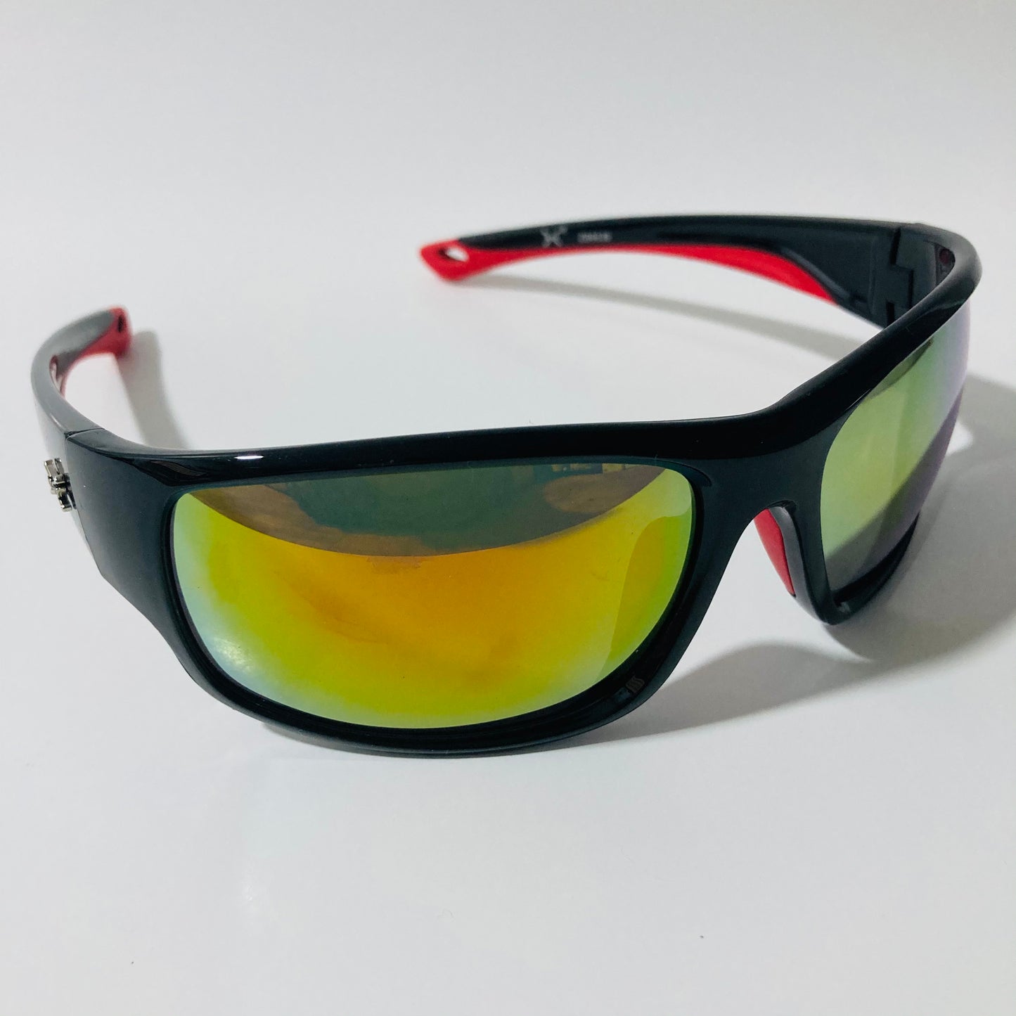 black, red, and yellow polarized wrap around sunglasses