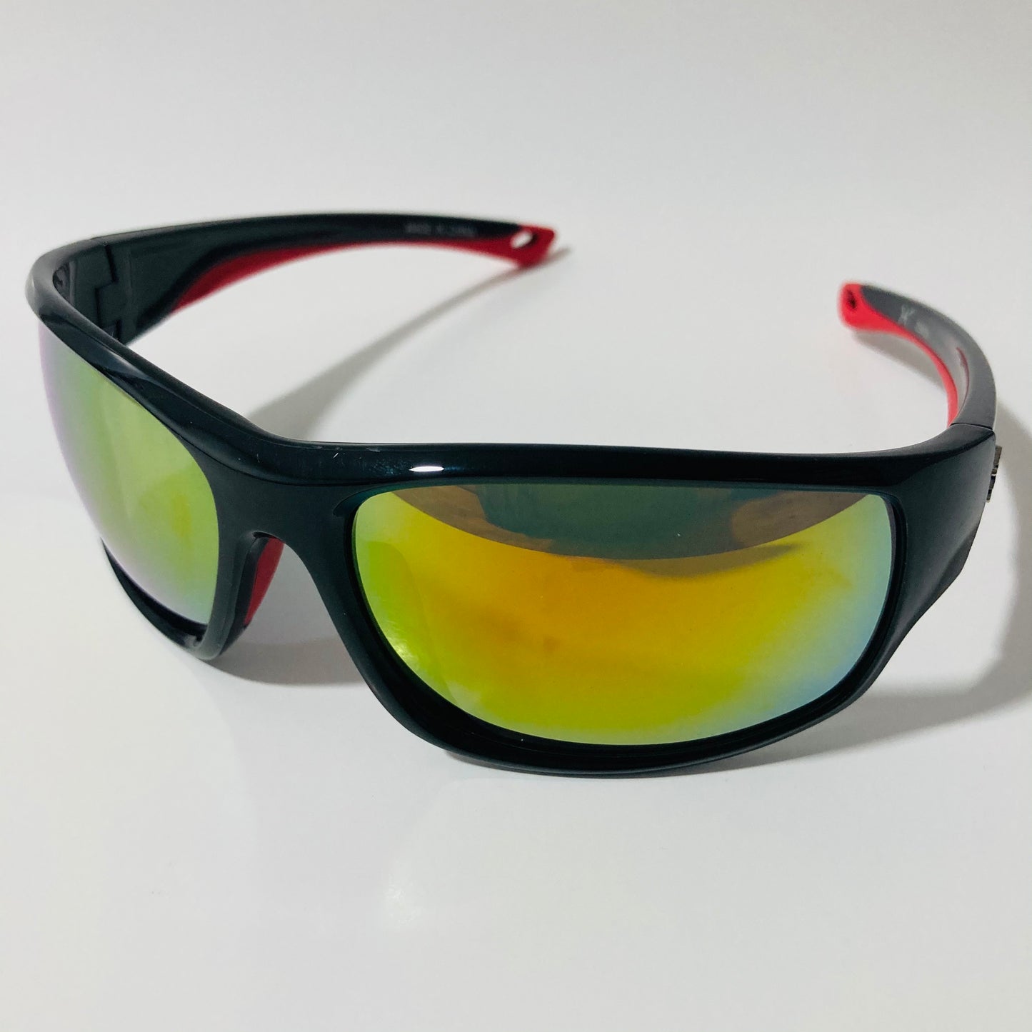 black, red, and yellow polarized wrap around sunglasses