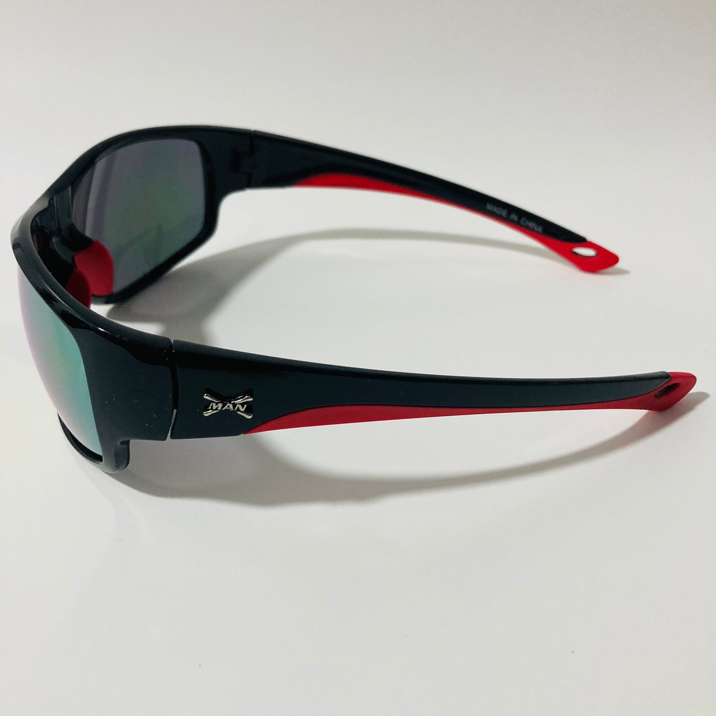 black, red, and yellow polarized wrap around sunglasses