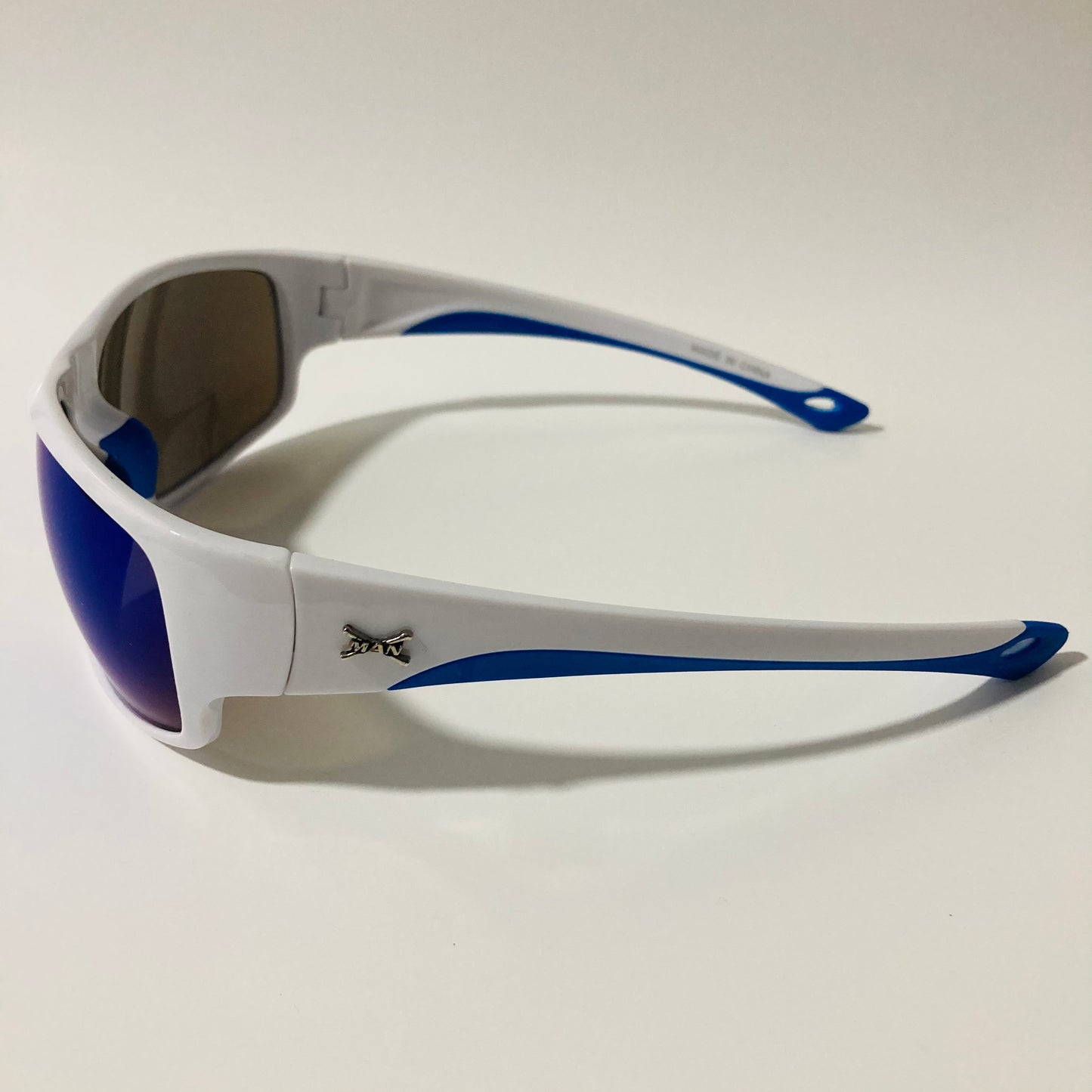 white and blue polarized wrap around sunglasses