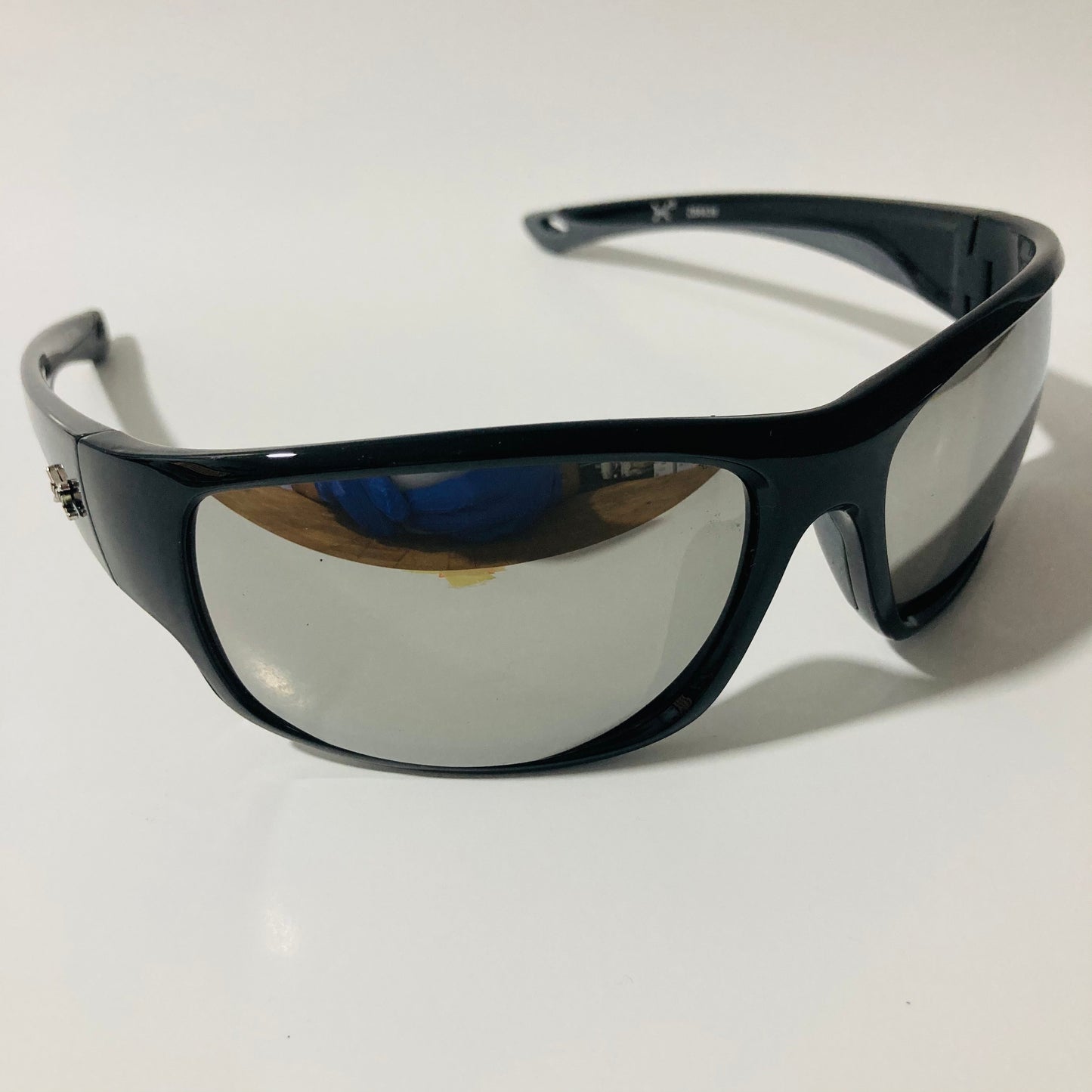 black and silver polarized wrap around sunglasses