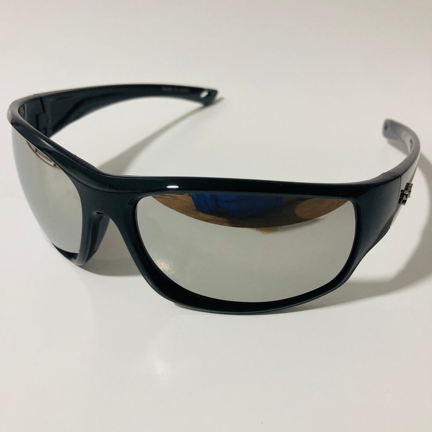 black and silver polarized wrap around sunglasses
