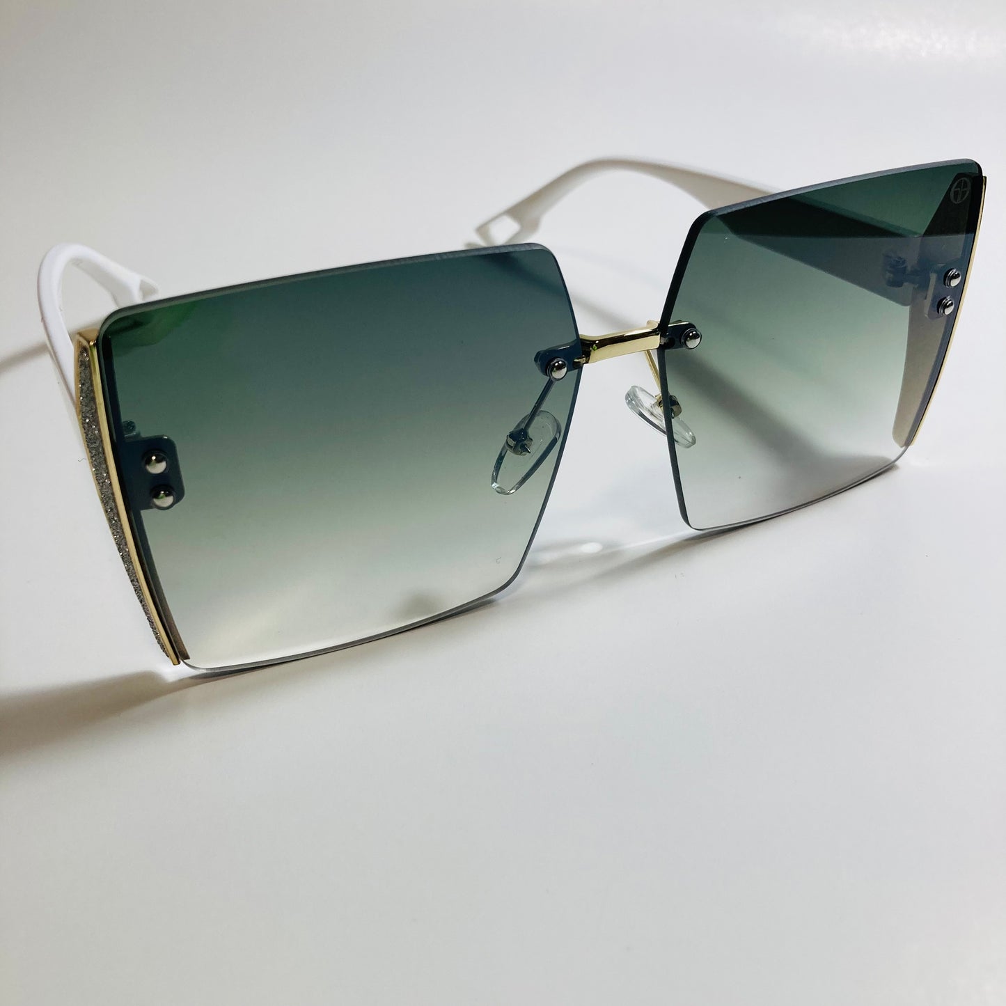 womens white green and gold rimless oversize square sunglasses
