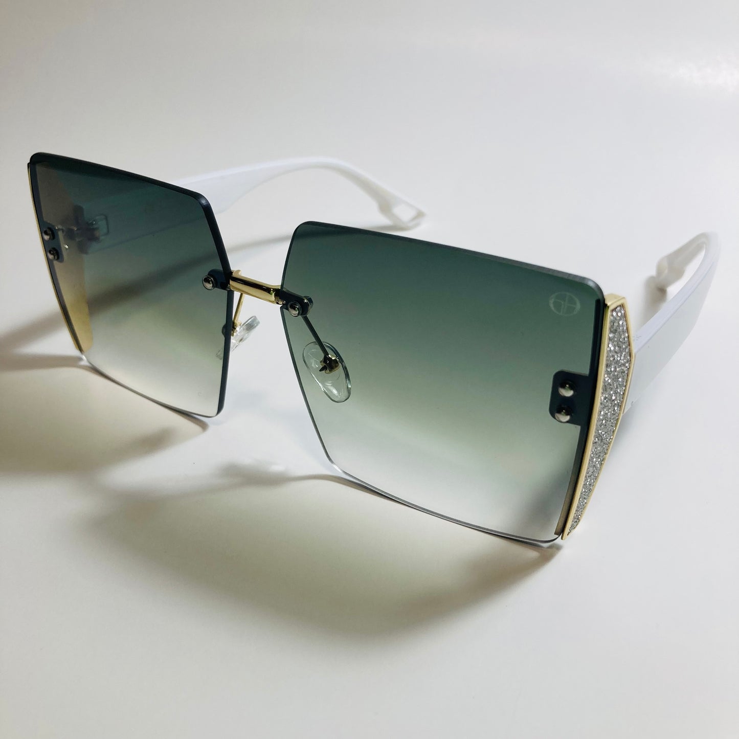 womens white green and gold rimless oversize square sunglasses