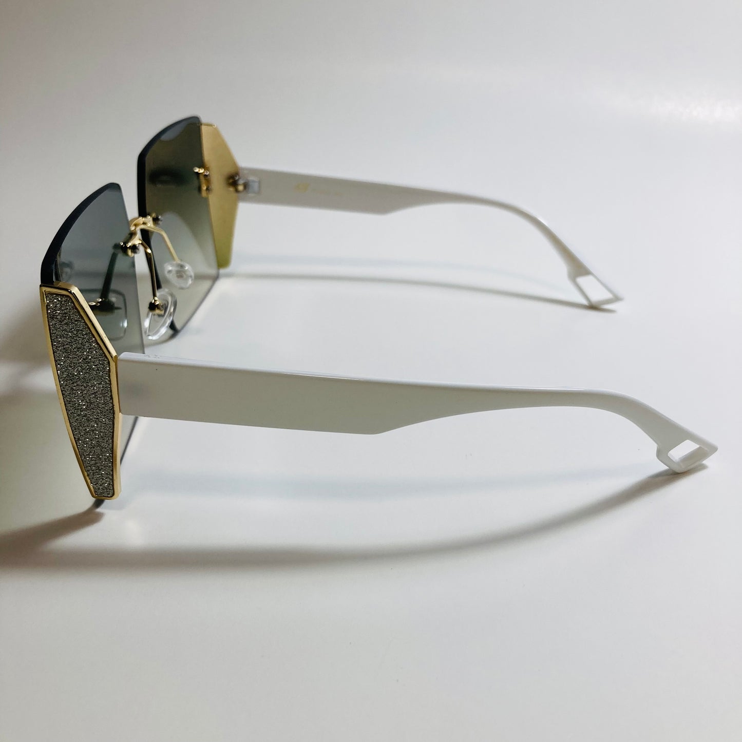 womens white green and gold rimless oversize square sunglasses