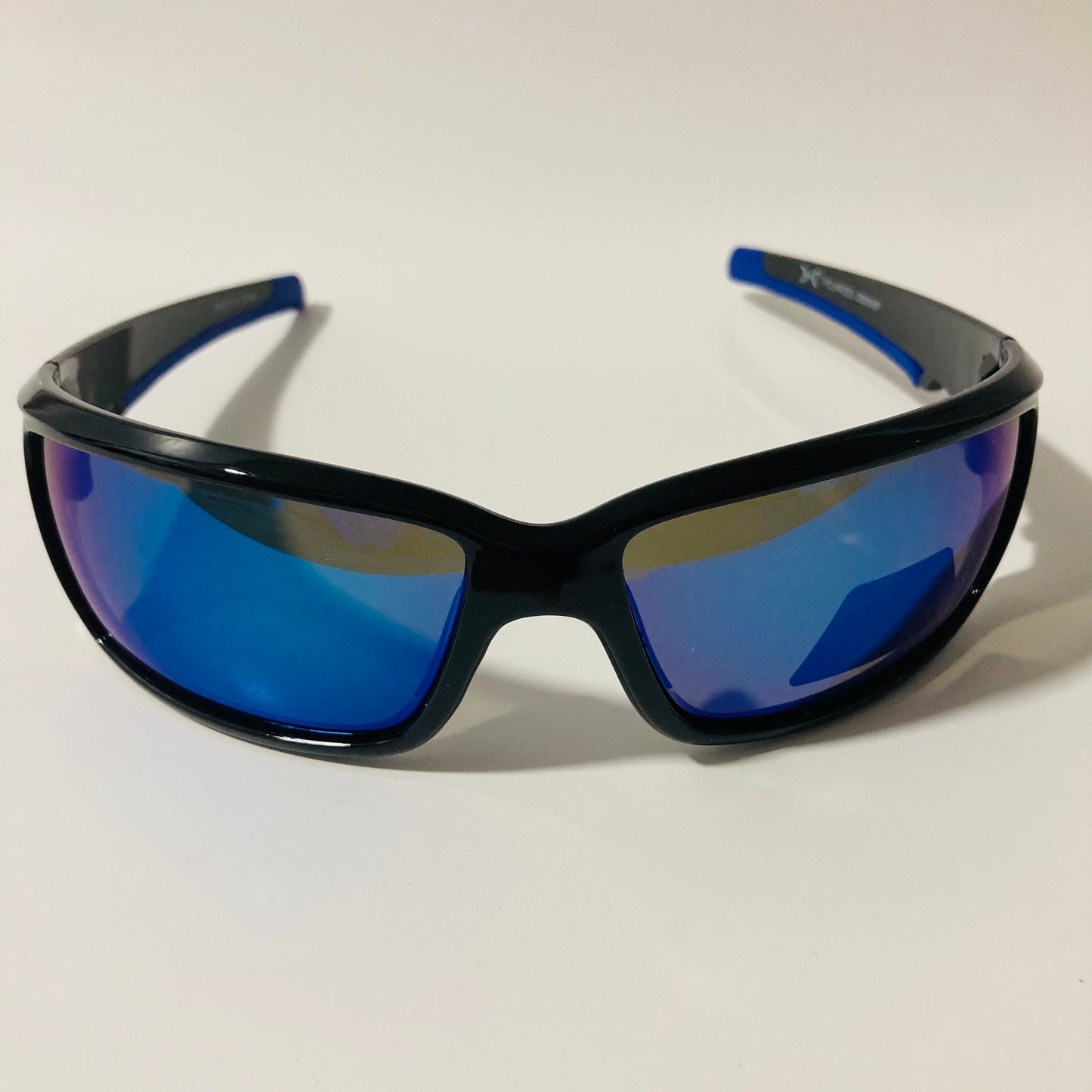 mens black and blue polarized mirrored wrap around sunglasses