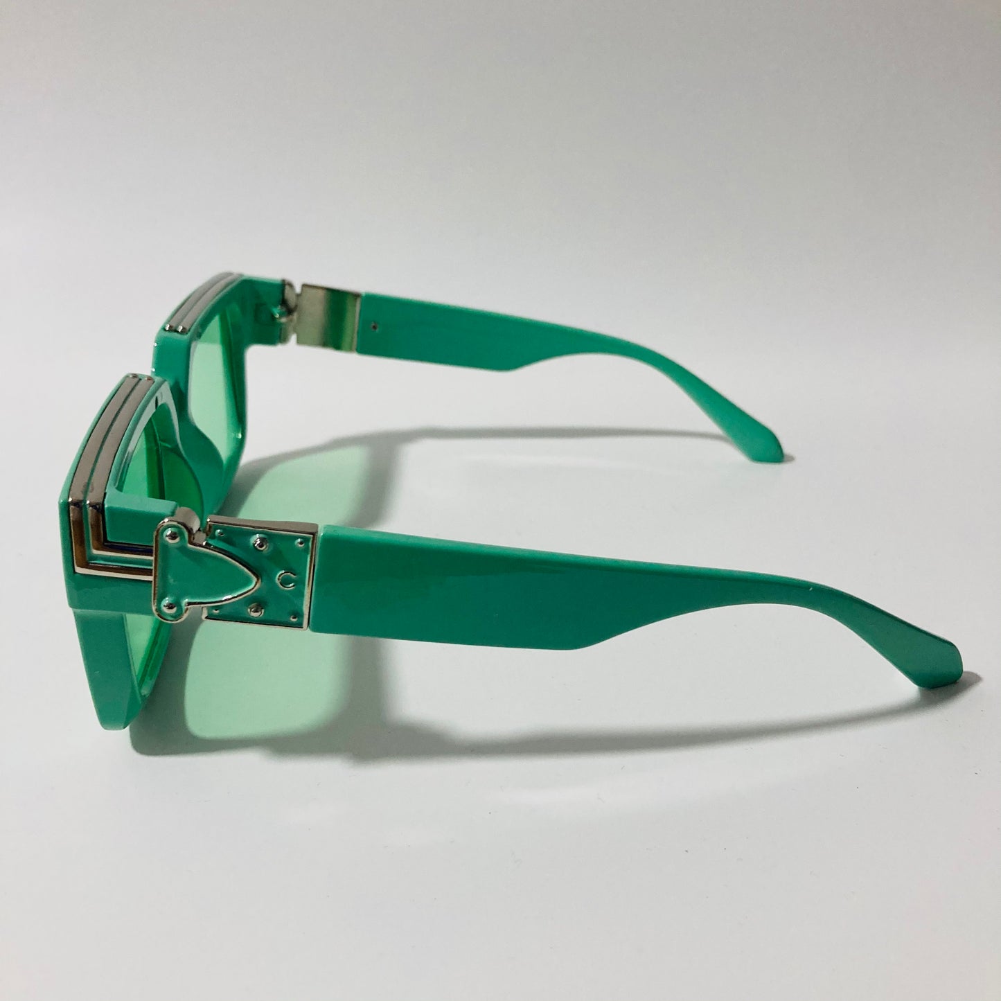 mens and womens green square sunglasses with silver accents