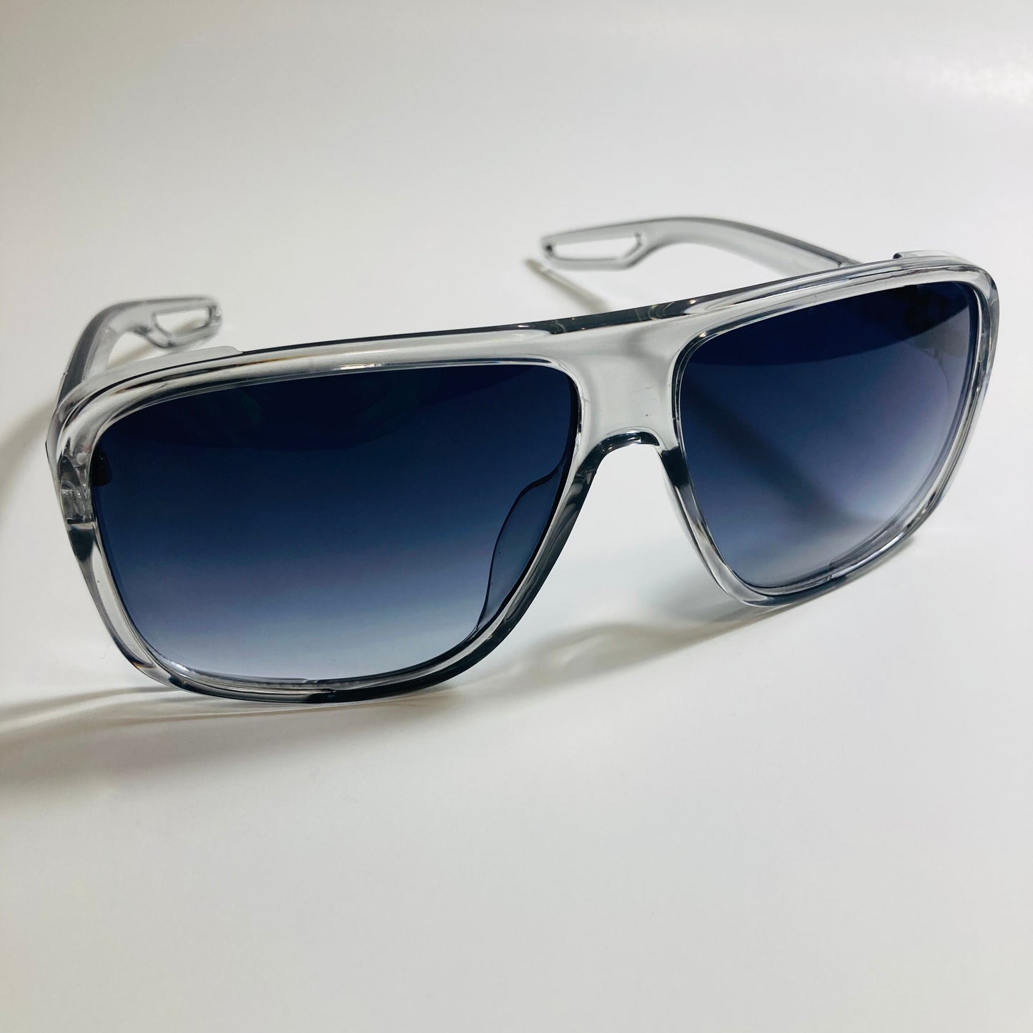mens and womens clear gray square sunglasses with black lenses