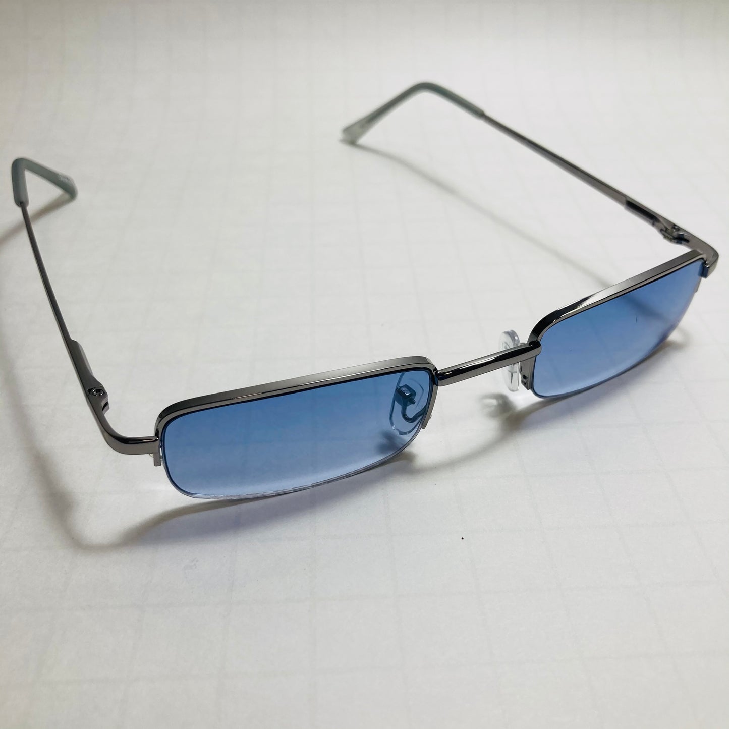 mens and womens silver and blue small square sunglasses
