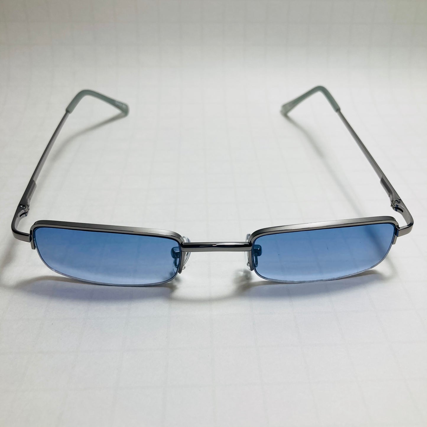 mens and womens silver and blue small square sunglasses