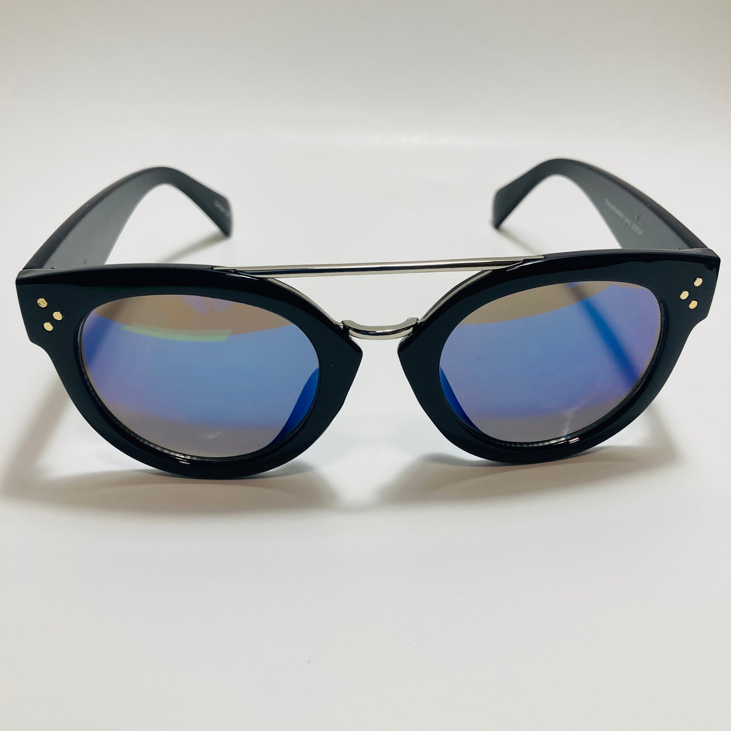 womens blue and black mirrored round sunglasses