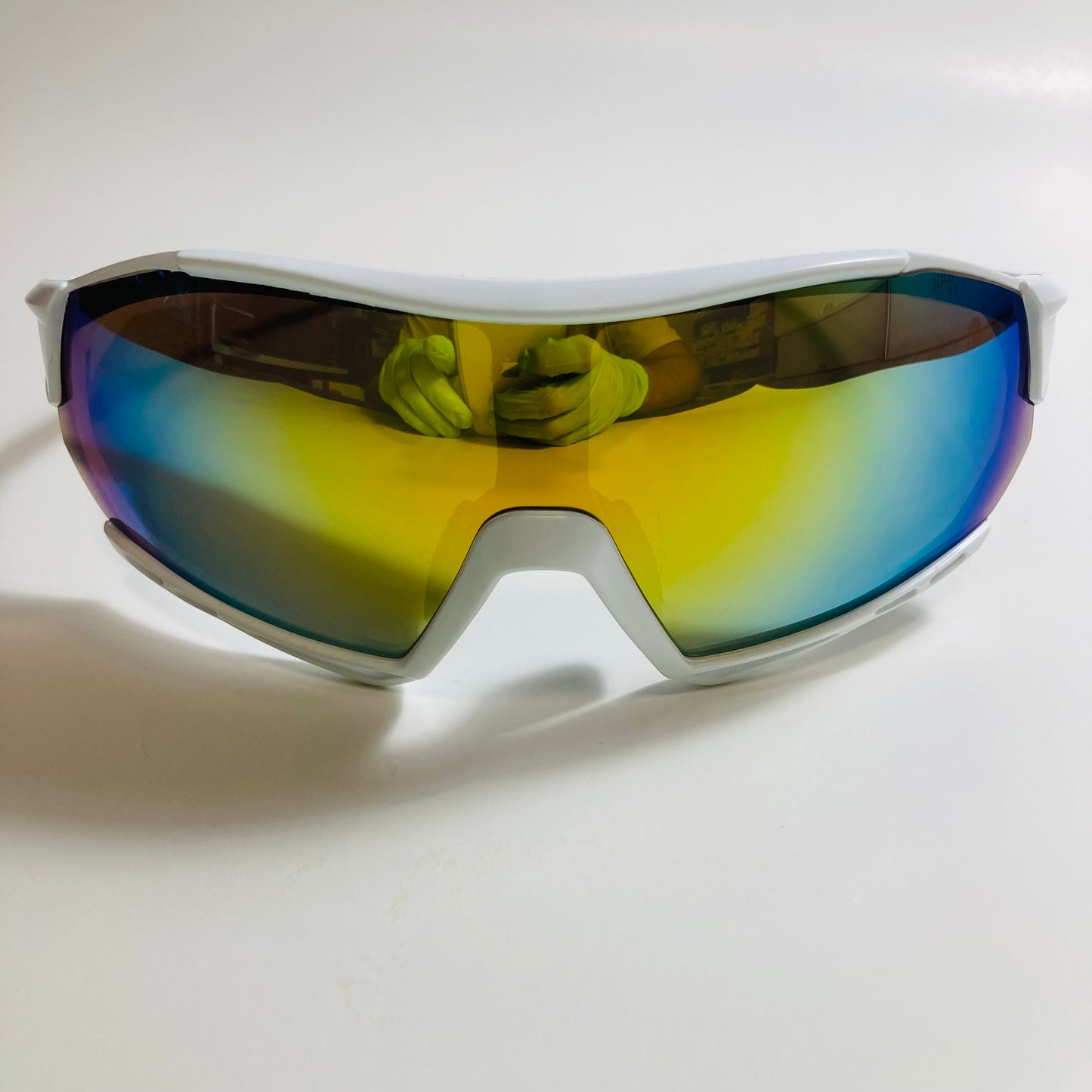 mens white oversize shield sunglasses with yellow mirror lenses
