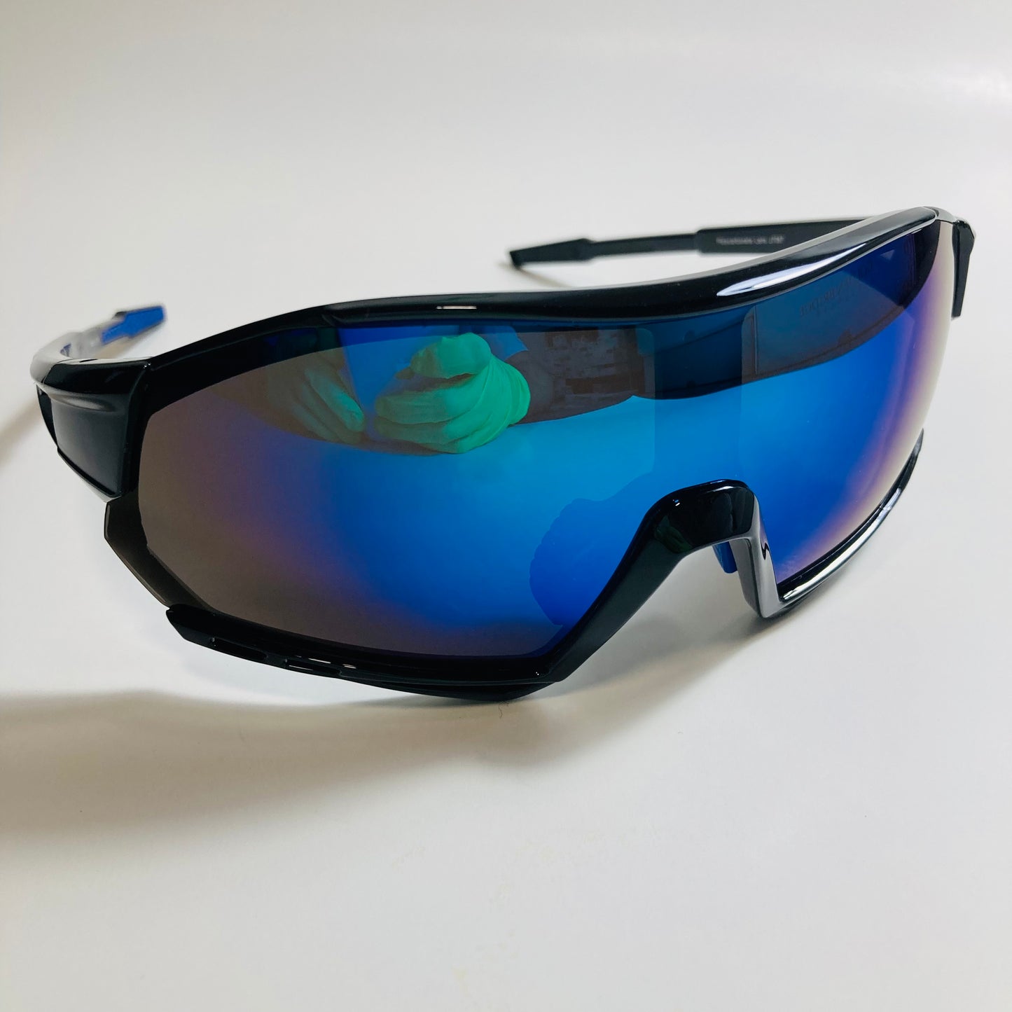 mens oversize shield sunglasses with blue mirror lenses