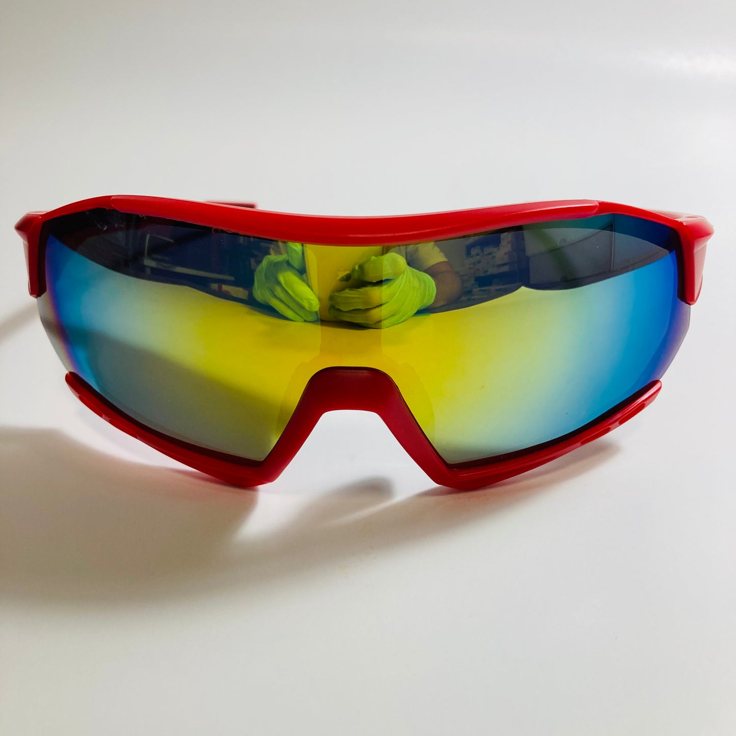 mens red oversize shield sunglasses with yellow mirror lenses