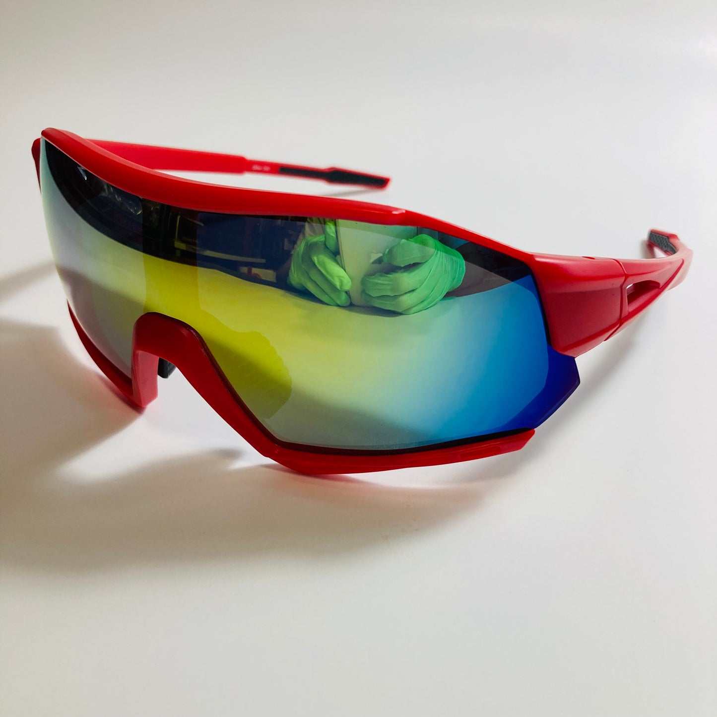 mens red oversize shield sunglasses with yellow mirror lenses