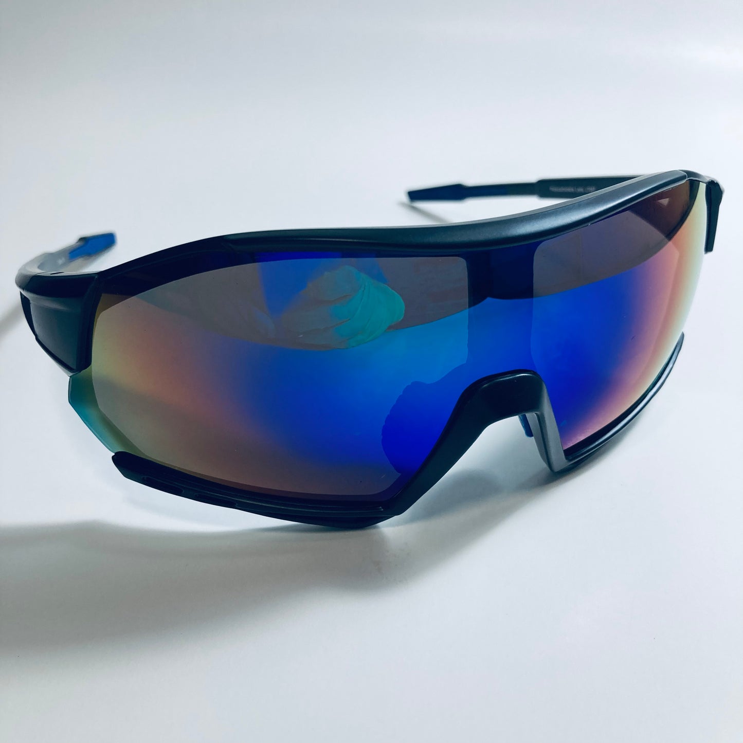 mens black oversize shield sunglasses with blue mirror lenses