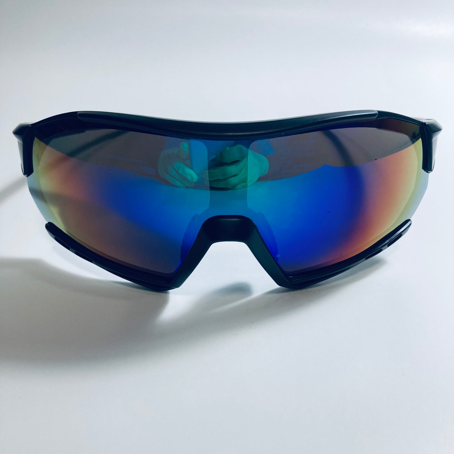 mens black oversize shield sunglasses with blue mirror lenses