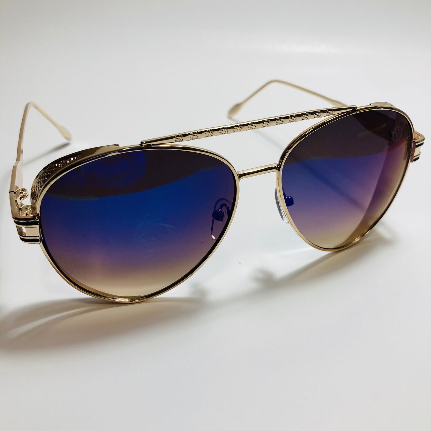 Mens and Womens metal aviator sunglasses gold with mirror blue lenses