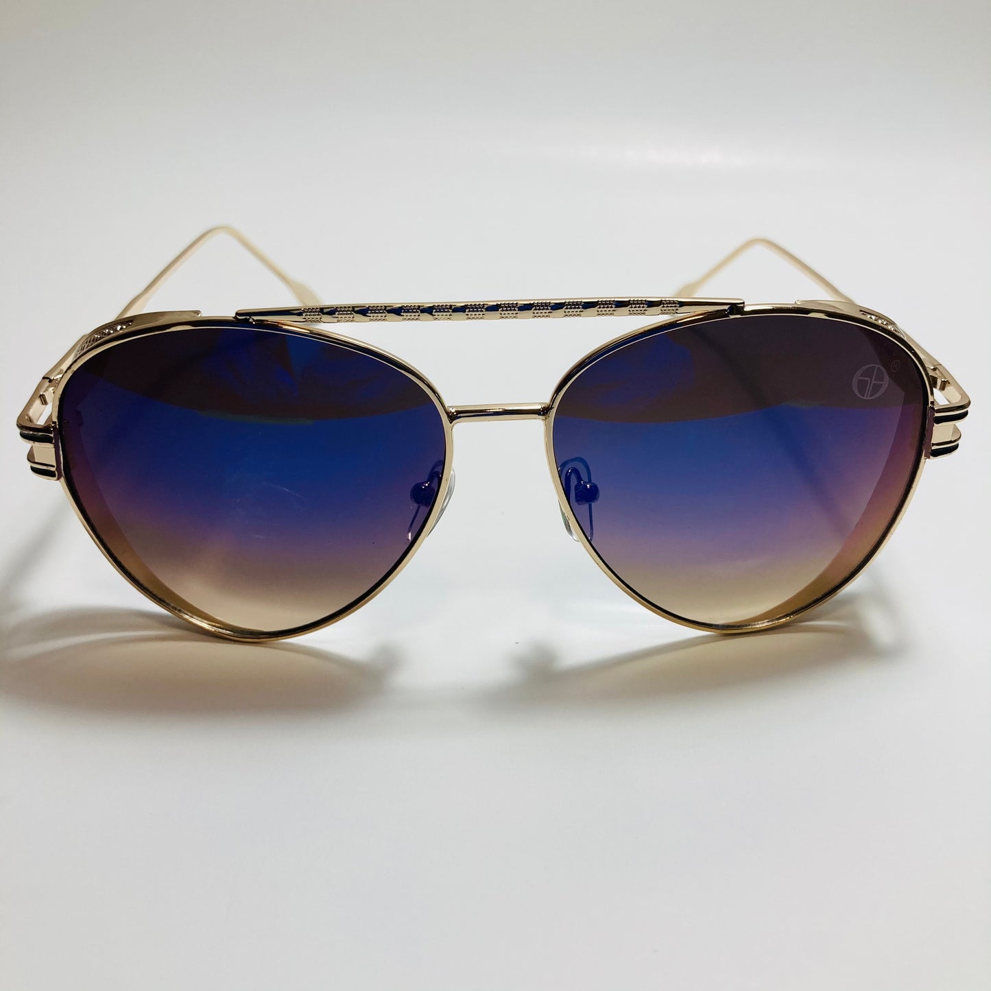 Mens and Womens metal aviator sunglasses gold with mirror blue lenses