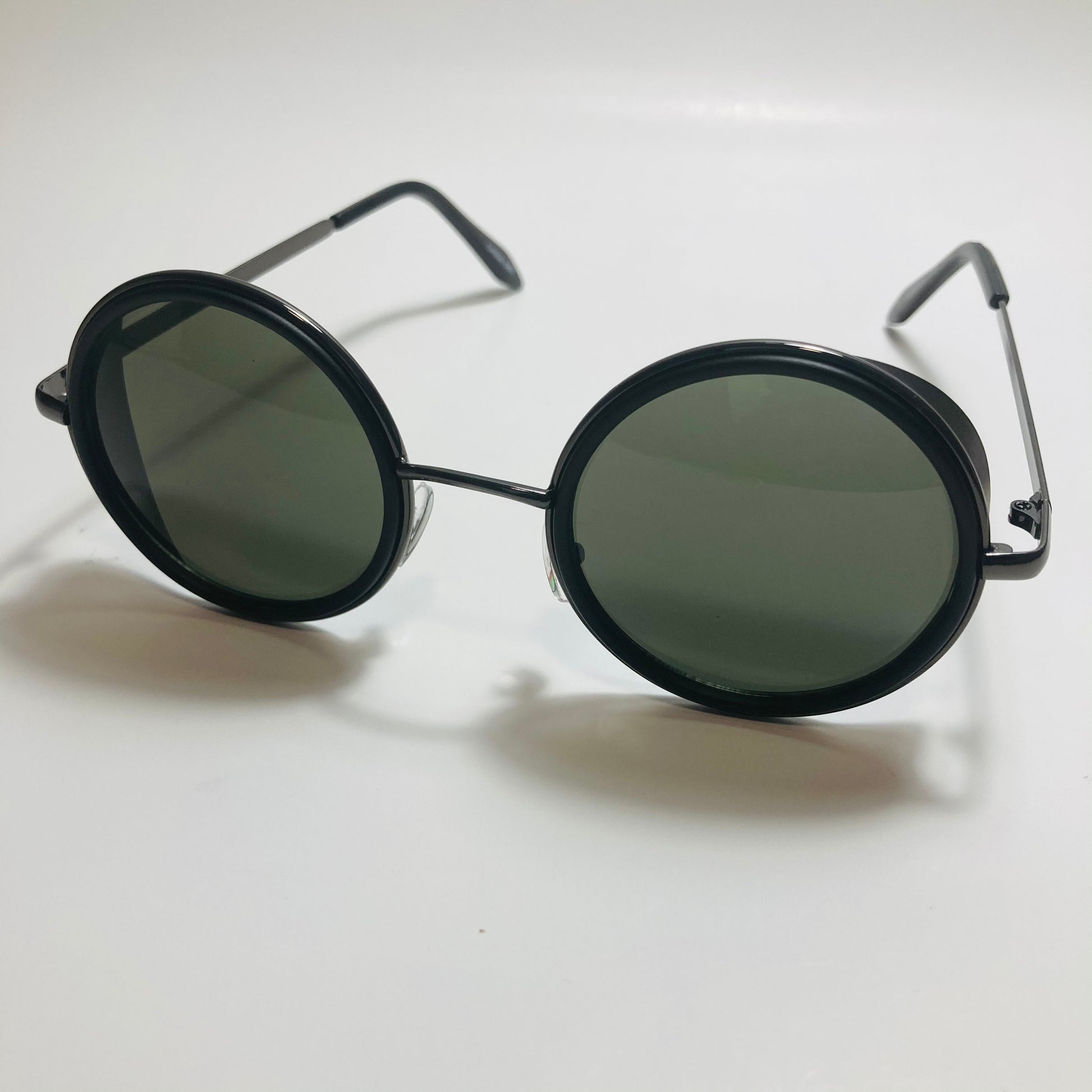 mens and womens black and green round side shield sunglasses