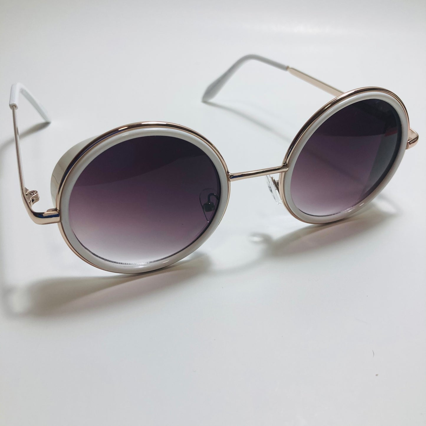 mens and womens white gold and black round side shield sunglasses
